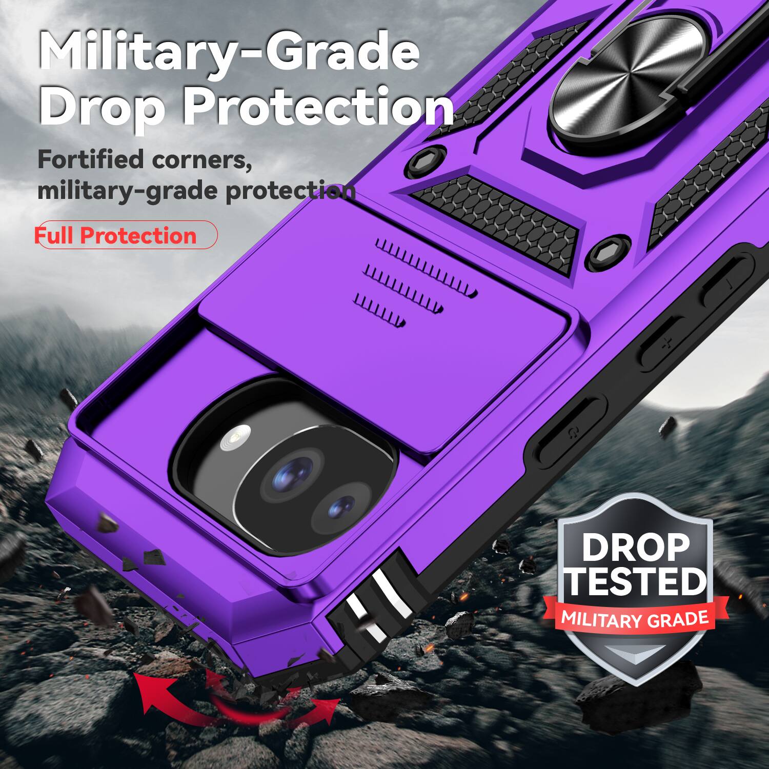 Military-Grade Drop Protection  
Fortified corners, military-grade protection  
Full Protection  

DROP TESTED  
MILITARY GRADE