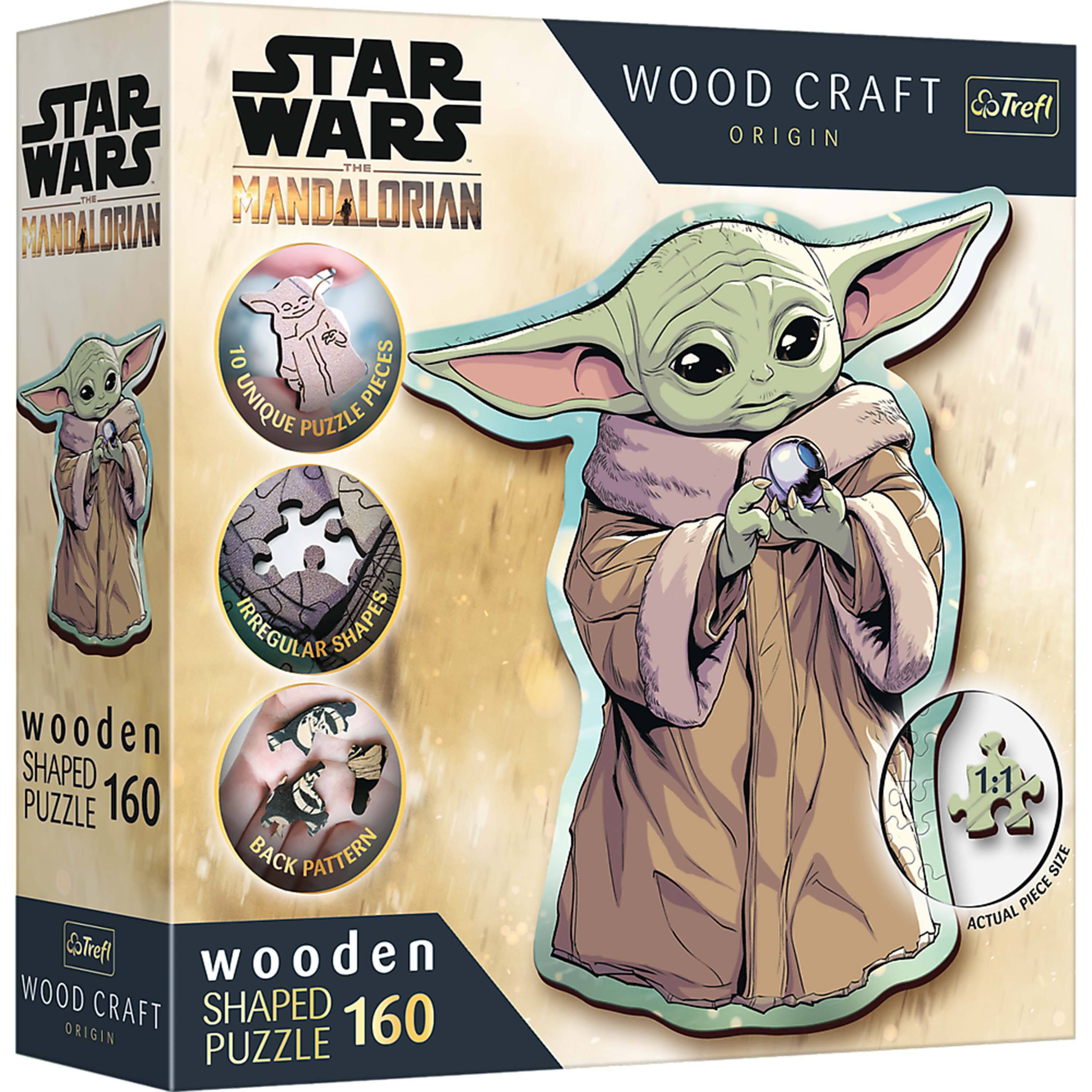 STAR WARS THE MANDALORIAN  
WOOD CRAFT ORIGIN  
10 UNIQUE PUZZLE PIECES  
IRREGULAR SHAPES  
WOODEN SHAPED PUZZLE 160  
BACK PATTERN  
1:1 ACTUAL PIECE SIZE