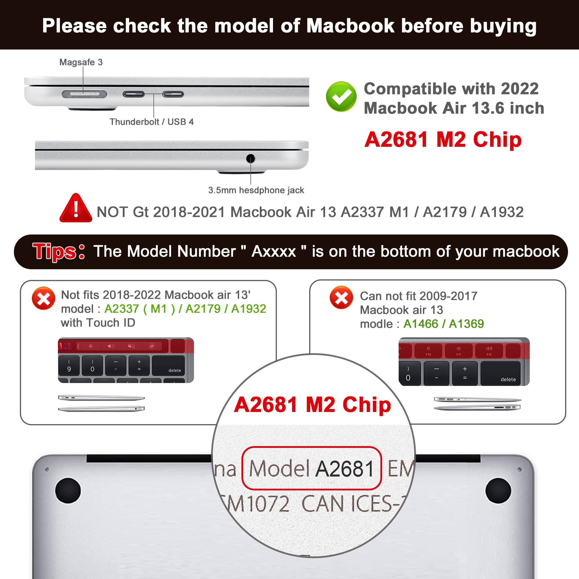 Please check the model of Macbook before buying

Magsafe 3
Thunderbolt / USB 4
3.5mm headset jack

Compatible with 2022 Macbook Air 13.6 inch
A2681 M2 Chip

NOT Gt 2018-2021 Macbook Air 13 A2337 M1 / A2179 / A1932

Tips: The Model Number "Axxxx" is on the bottom of your macbook

Not fits 2018-2022 Macbook air 13' model: A2337 (M1) / A2179 / A1932 with Touch ID

Can not fit 2009-2017 Macbook air 13 model: A1466 / A1369

A2681 M2 Chip

Model A2681 EM M1072 CAN ICES-