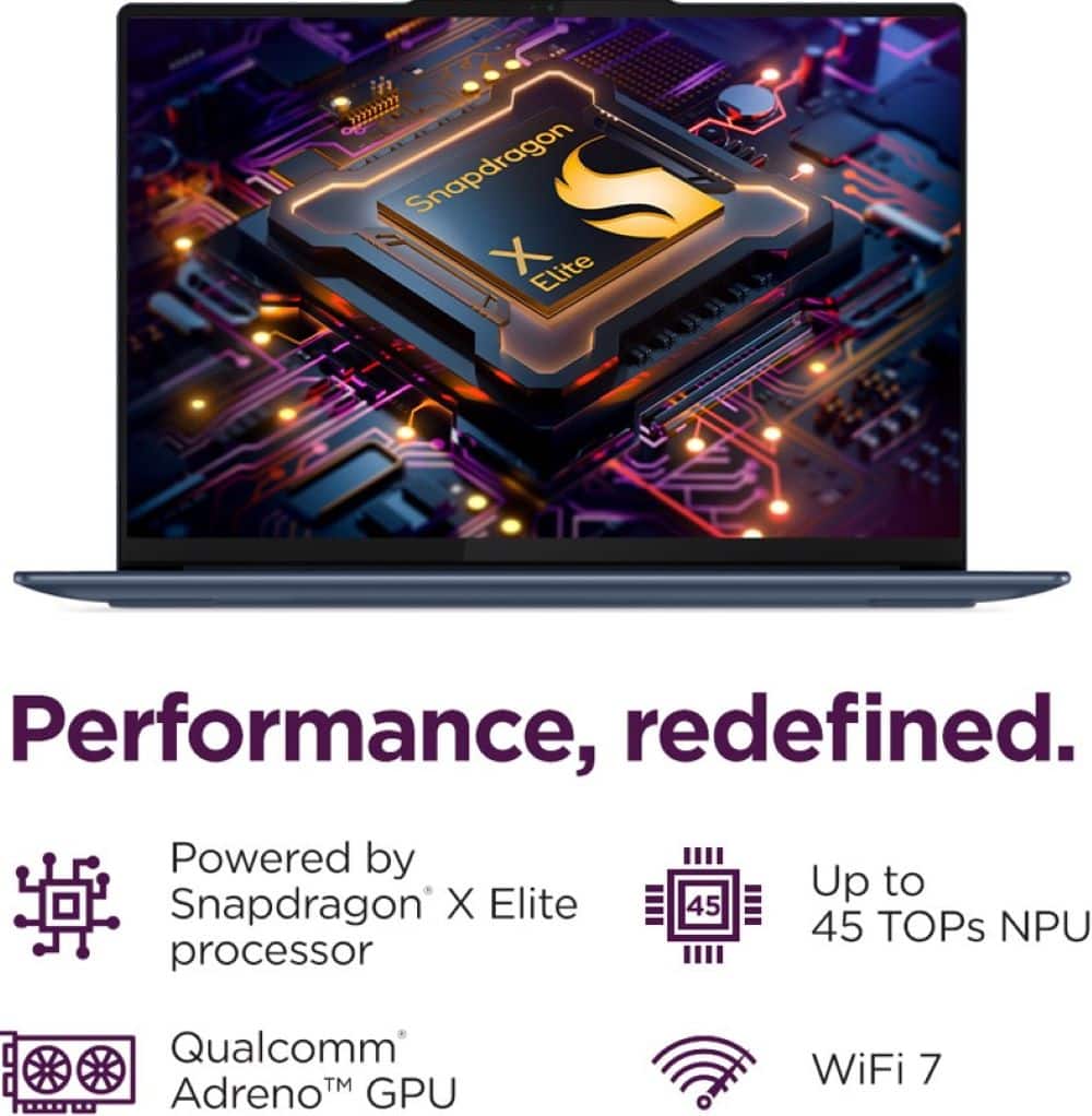 Snapdragon X Elite Performance, redefined. Powered by Up to Snapdragon X Elite 45 TOPs NPU processor Qualcomm Adreno GPU WiFi 7.