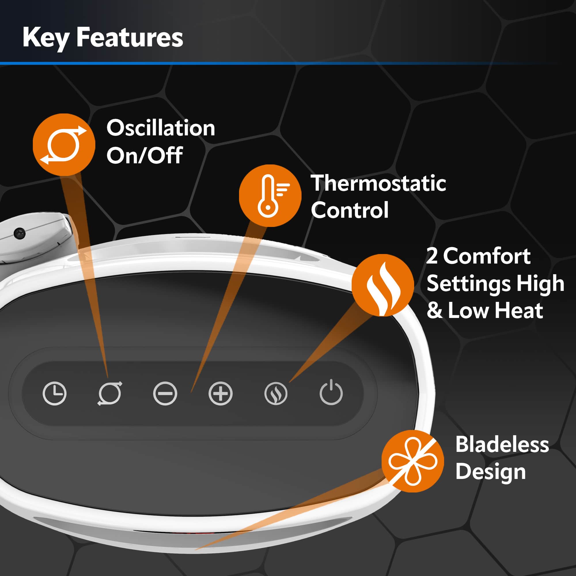 Key Features:
1. Oscillation On/Off
2. Thermostatic Control
3. 2 Comfort Settings: High & Low Heat
4. Bladeless Design
