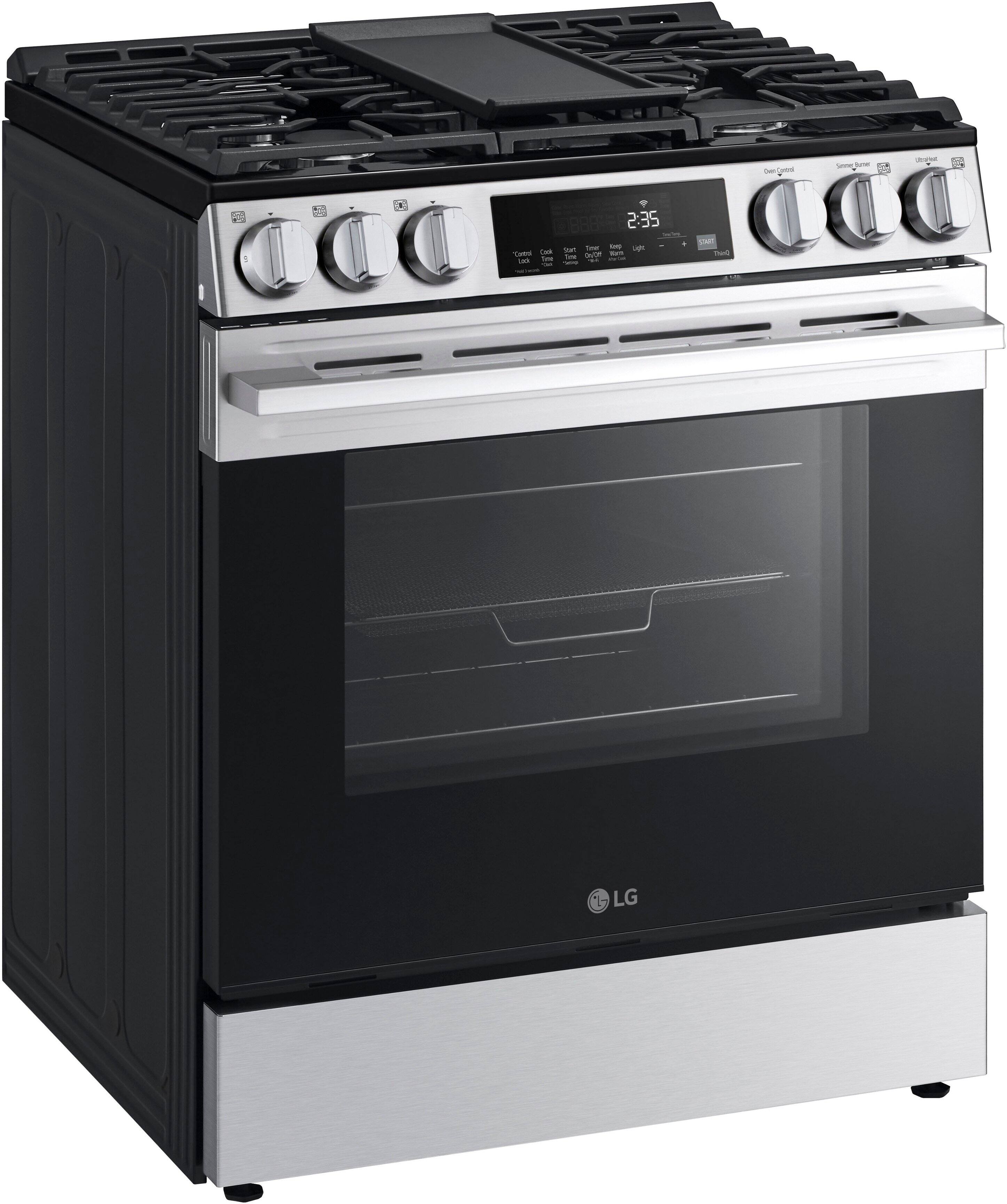 The image features a stainless steel LG oven with a black door. The oven has a digital display and a timer that shows the time of 2:35. The oven is empty, and it appears to be a modern and sleek appliance.