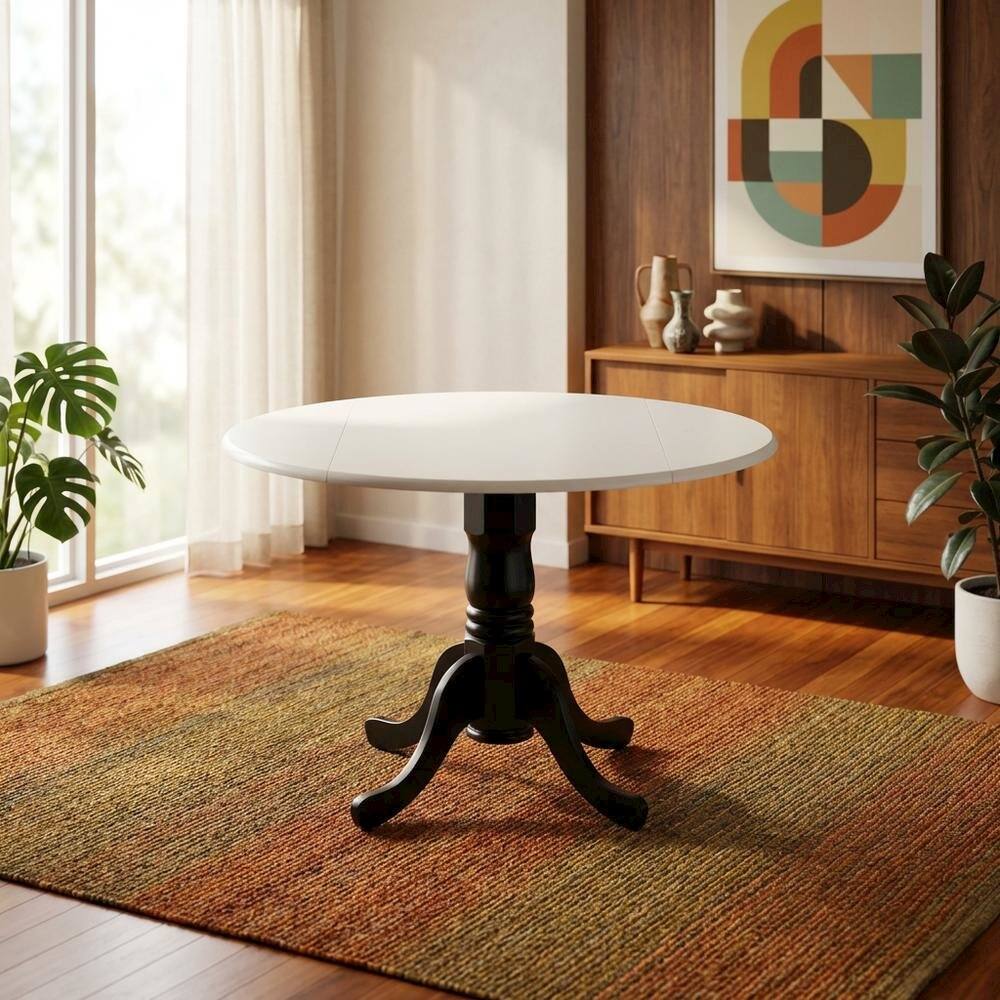 Alt View 1. FurniFact - Linen White Drop Leaf Round Table - White/Black.