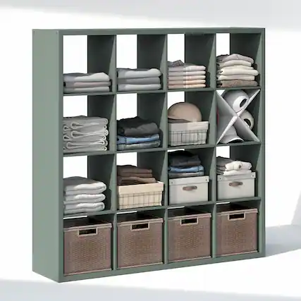 Front. Furinno - CUBIC Closet Organizers, 16-Cube Modular Organizer, Open Shelf, Extra Thick Frame, for Wardrobe, Bedroom, Living Room - Sage Green.