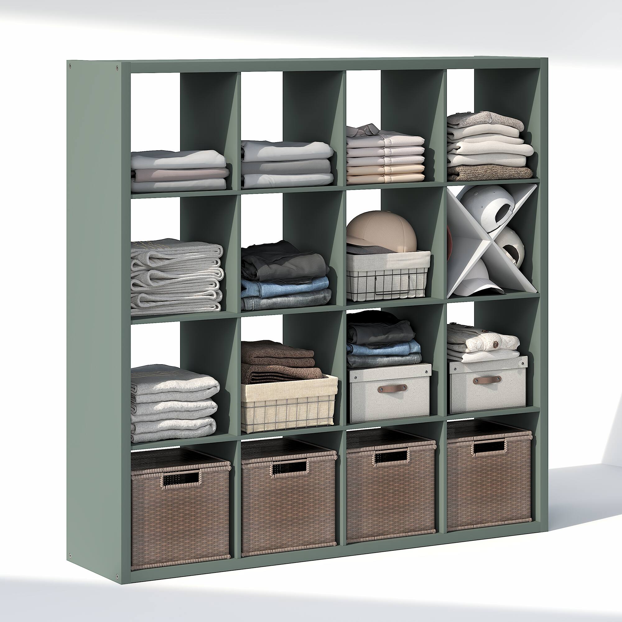 Front. Furinno - CUBIC Closet Organizers, 16-Cube Modular Organizer, Open Shelf, Extra Thick Frame, for Wardrobe, Bedroom, Living Room - Sage Green.