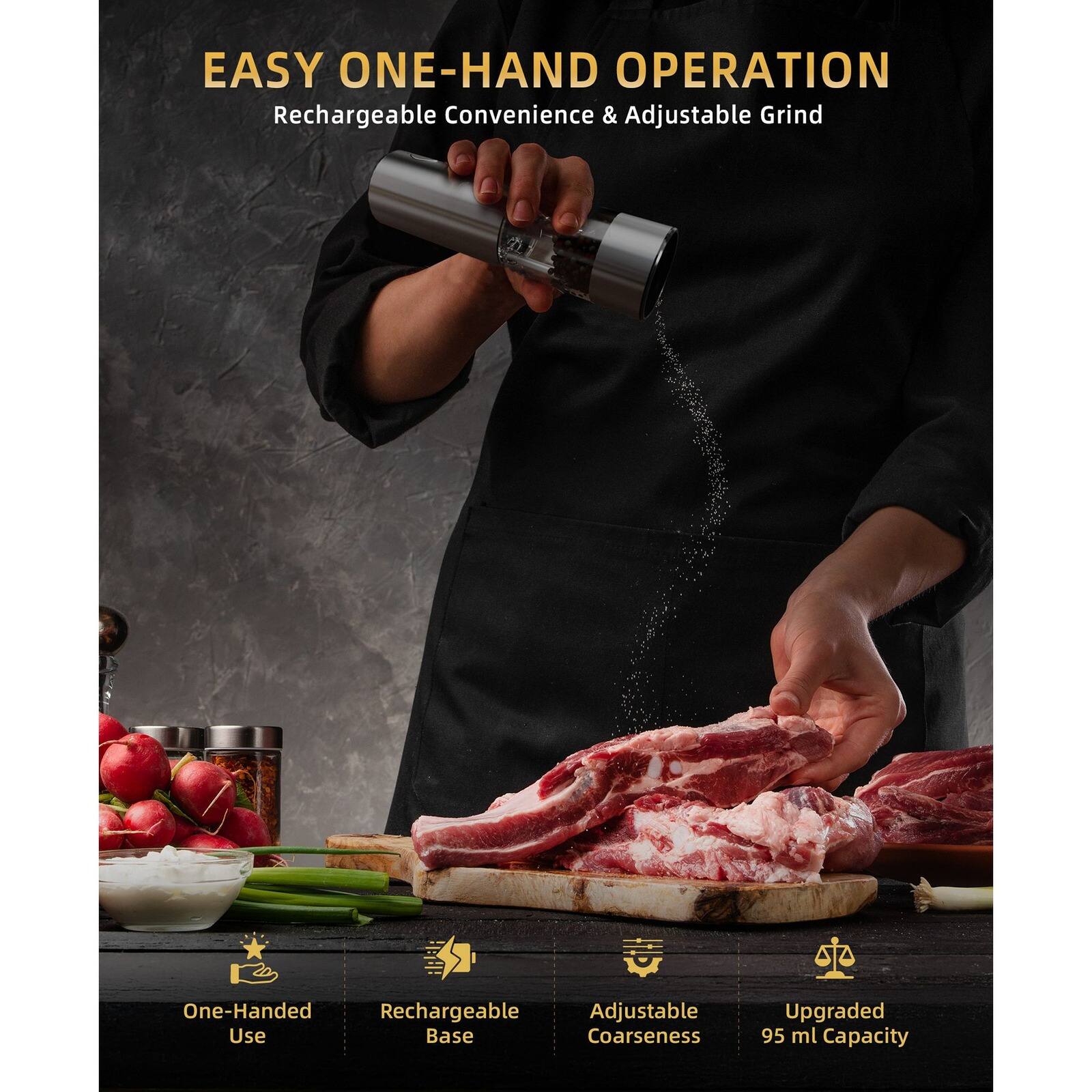 EASY ONE-HAND OPERATION  
Rechargeable Convenience & Adjustable Grind  

1. One-Handed Use  
2. Rechargeable Base  
3. Adjustable Coarseness  
4. Upgraded 95 ml Capacity