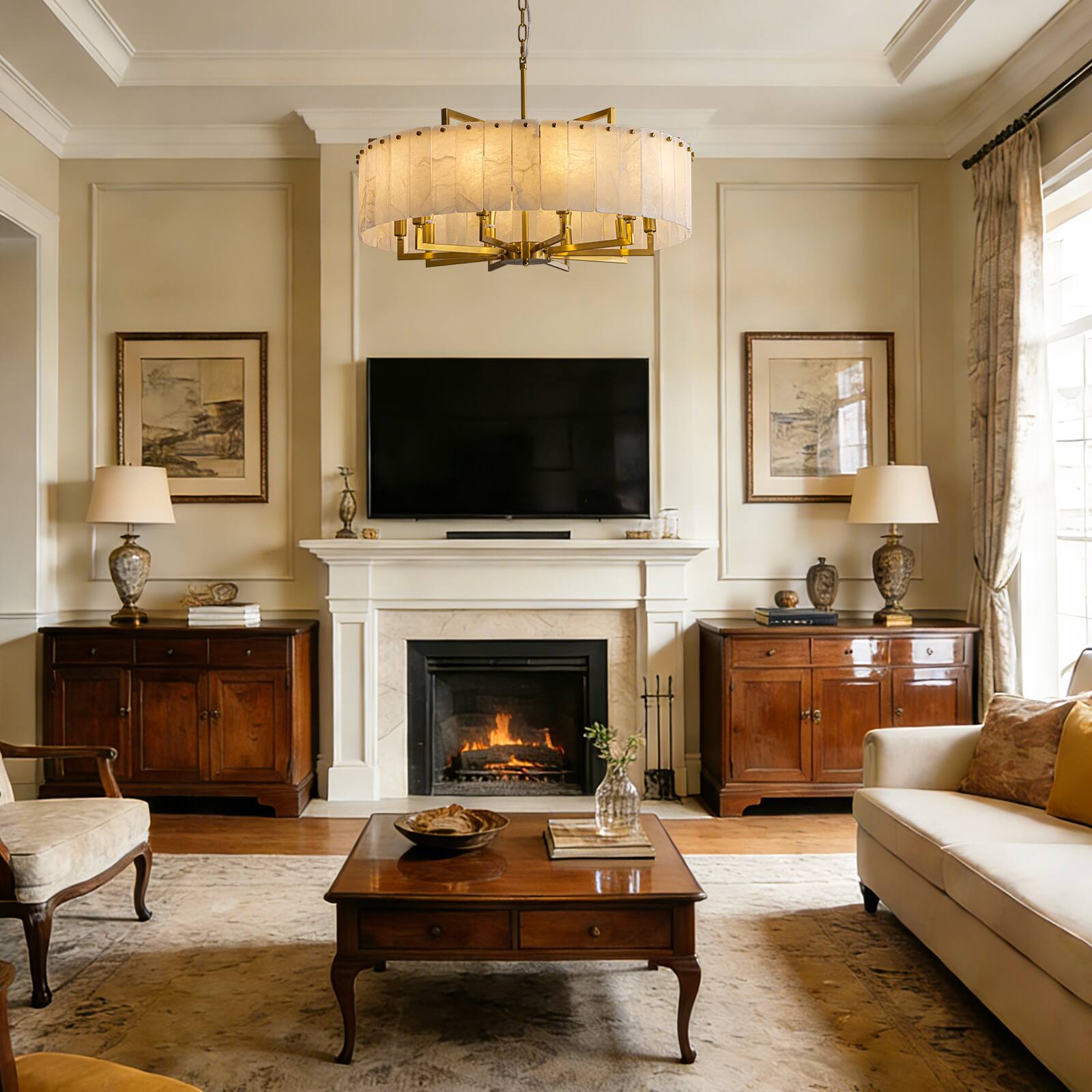 Alt View 1. Siljoy - 31.5-In Mid Century Alabaster Drum Chandelier, 10-Light Polished Brass Ceiling Light for Dining Room Living Room Bedroom - Gold Brass.