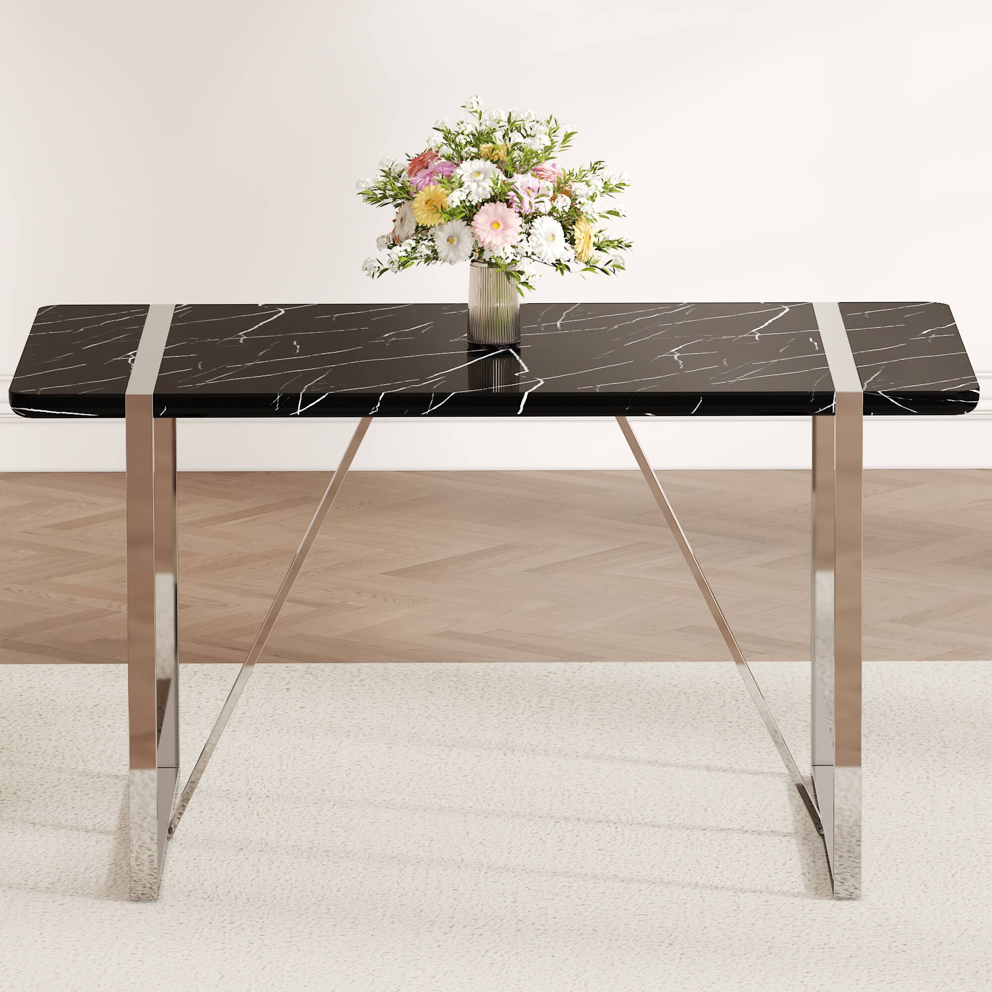 Left. Tiramisubest - Rustic Industrial Rectangular MDF Black Dining Table for 4-6, With 1.5" Thick MDF Desktop and Electroplated Metal Legs - Black.