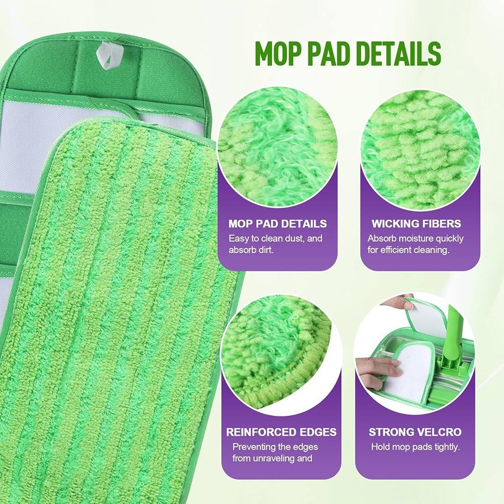 MOP PAD DETAILS

- MOP PAD DETAILS: Easy to clean dust, and absorb dirt.
- WICKING FIBERS: Absorb moisture quickly for efficient cleaning.
- REINFORCED EDGES: Preventing the edges from unraveling.
- STRONG VELCRO: Hold mop pads tightly.