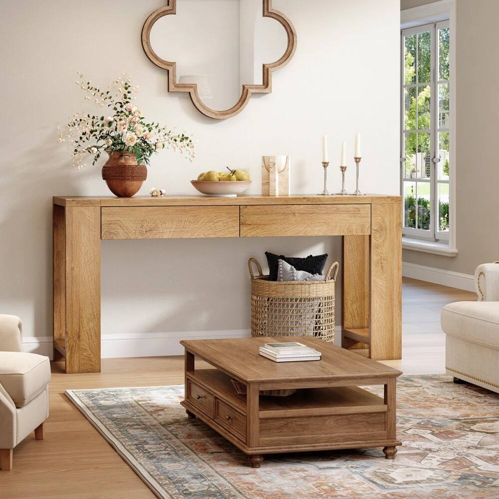 Alt View 1. Furnulem - 60 Inch Light Oak Console Table with 2 Drawers and Side Shelves Farmhouse Entryway Sofa Table - Brown.