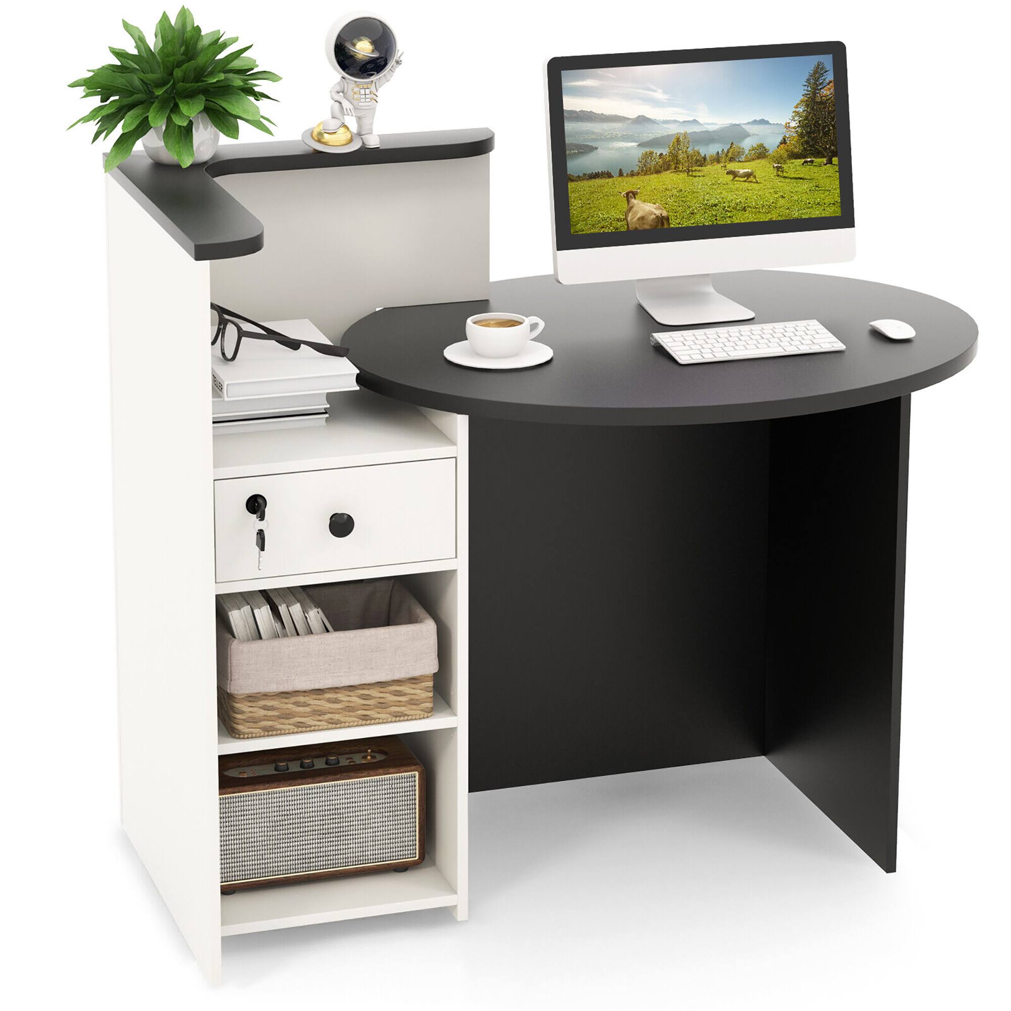 Alt View 9. Gymax - Gymax Front Reception Counter Desk Checkout Office Desk w/Open Shelf & Lockable Drawer - Black, White.