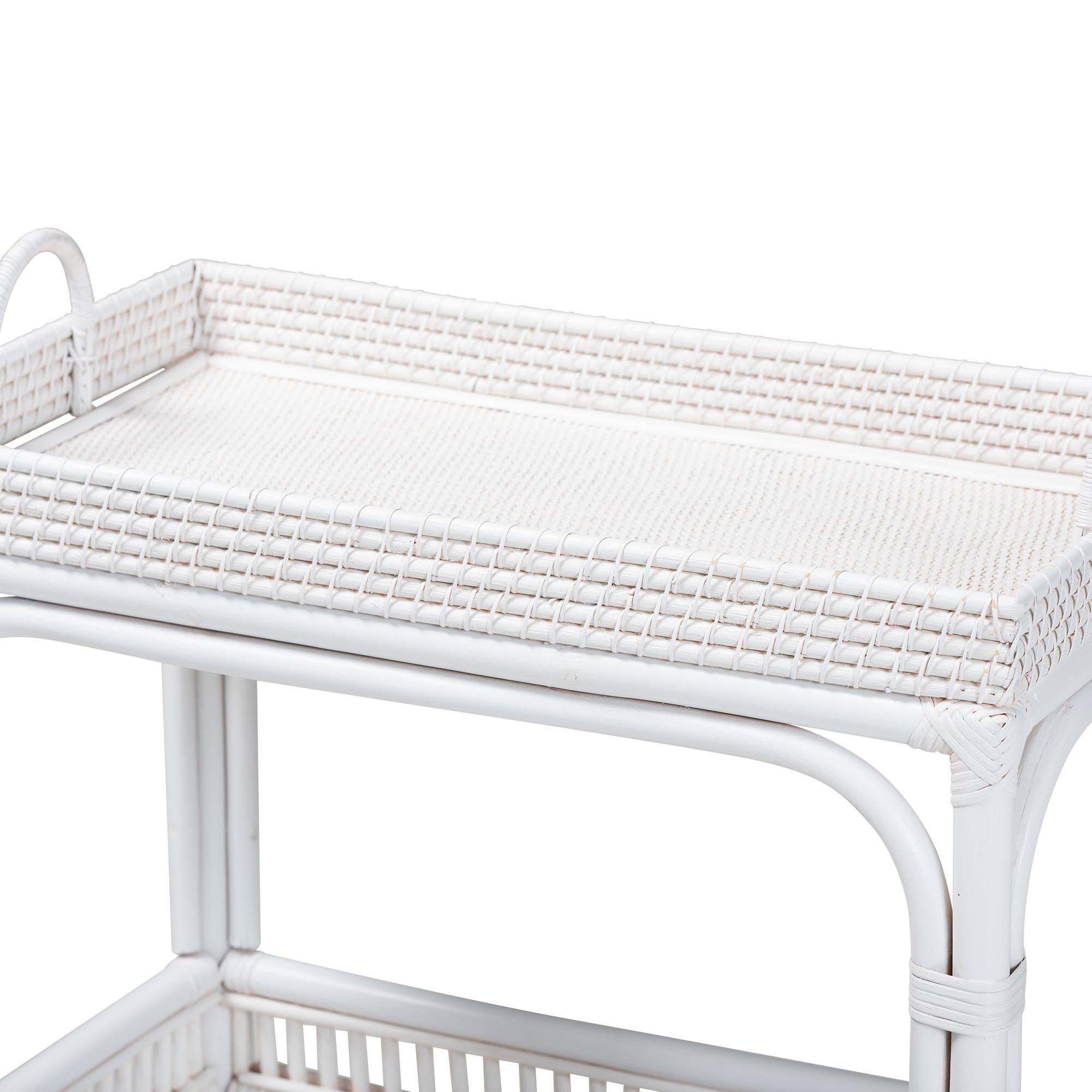 Back. bali & pari - Lombok Natural Rattan Wine Cart - Handwoven Wicker 2-Tier Mobile Bar Cart with Raised Tray Top - White.