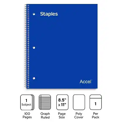 Staples Premium 1 Subject Notebook, 8" x 11", Graph Ruled, 100 Sheets ...