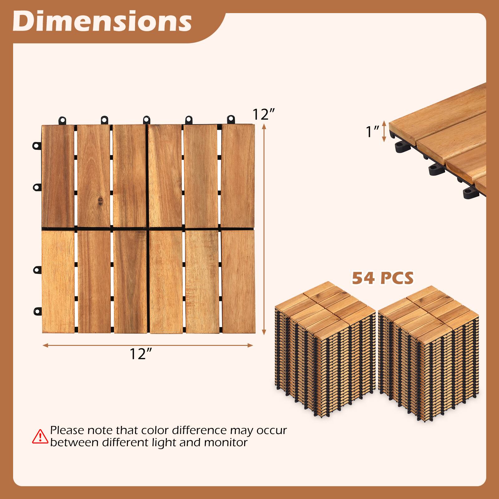 Dimensions: 12" x 12" x 1"  
54 PCS  

Please note that color difference may occur between different light and monitor.