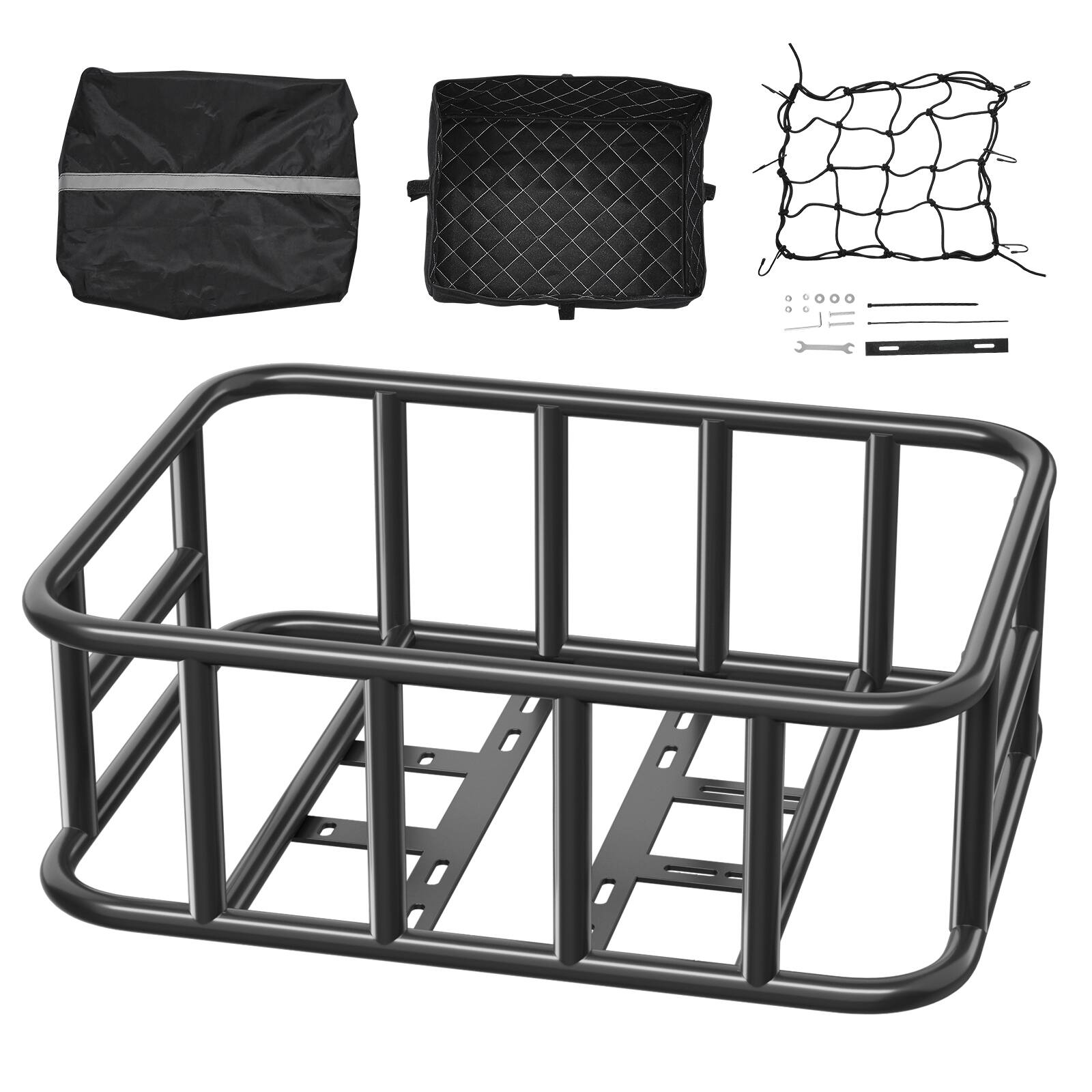 Alt View 5. VEVOR - Rear Bike Basket, Medium Bicycle Basket with Cargo Net, Liner & Waterproof Cover, Heavy Duty Bike Back Basket - Black.