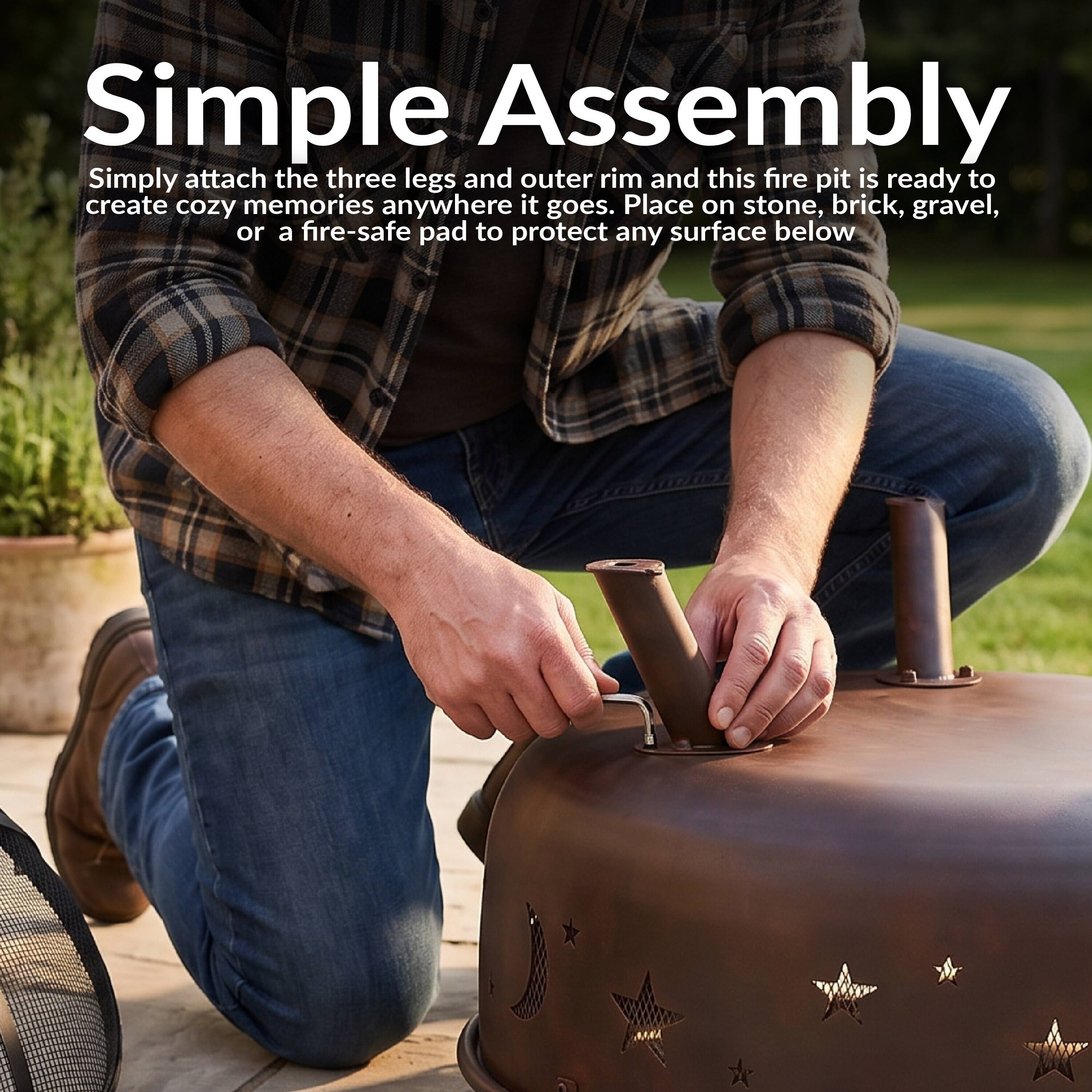 Simple Assembly

Simply attach the three legs and outer rim and this fire pit is ready to create cozy memories anywhere it goes. Place on stone, brick, gravel, or a fire-safe pad to protect any surface below