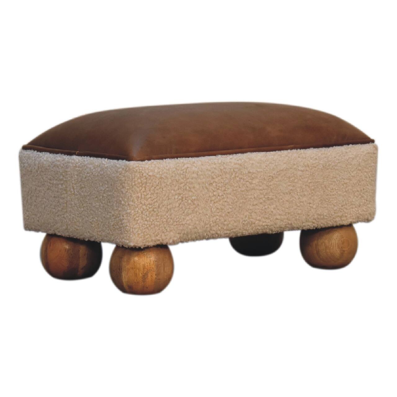 Left. Artisan Furniture - Artisan Furniture Solid Wood Vintage Leather Boucle Ball Footstool - Brown.