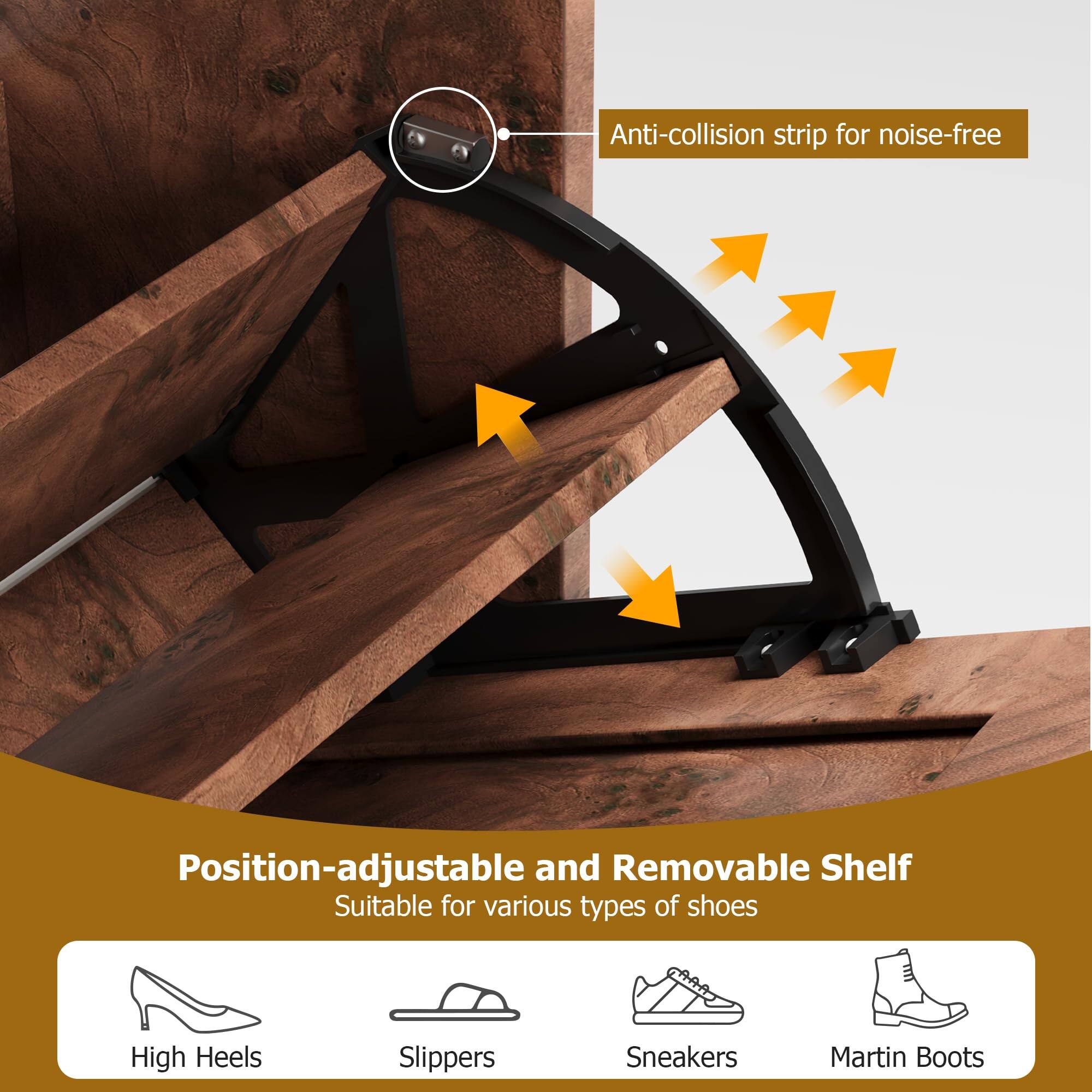 Anti-collision strip for noise-free

Position-adjustable and Removable Shelf
Suitable for various types of shoes

- High Heels
- Slippers
- Sneakers
- Martin Boots