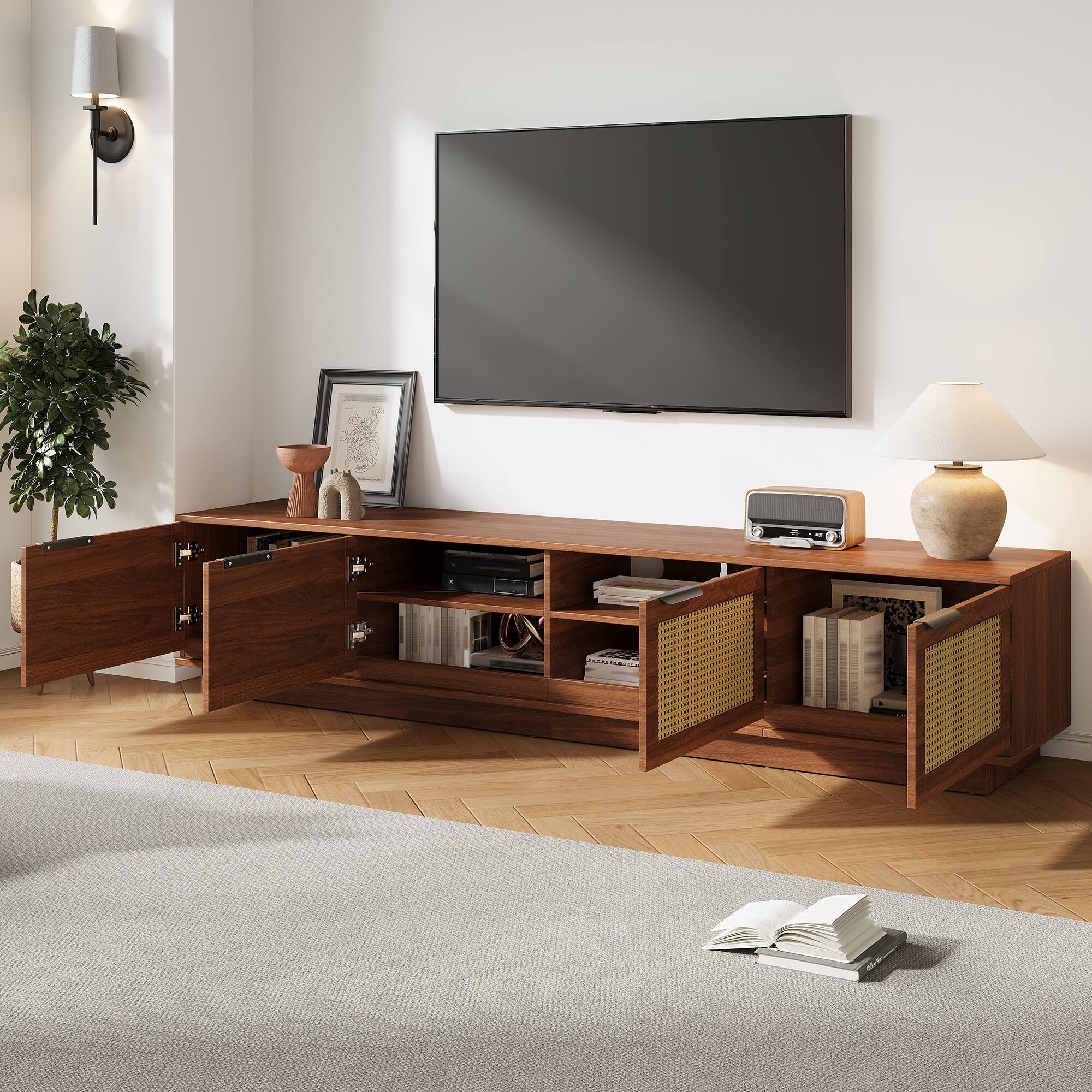 Angle. MERAVOM - 78 Inch TV Stand for TVs up to 85-Inch, Media Console with 4 Rattan Doors, Modern Entertainment Center for Living Room - Walnut.