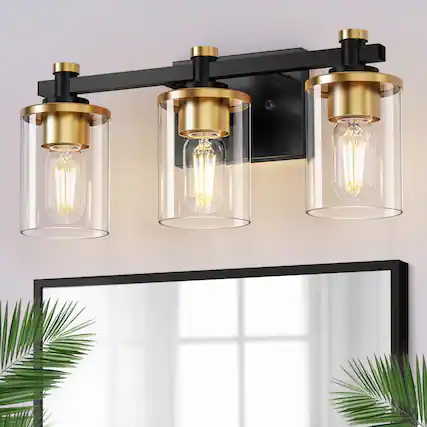 Front. Jandcase - 20 in. 3-Light Black Gold Bathroom Vanity Light with Clear Glass Shades for Mirror and Vanity.
