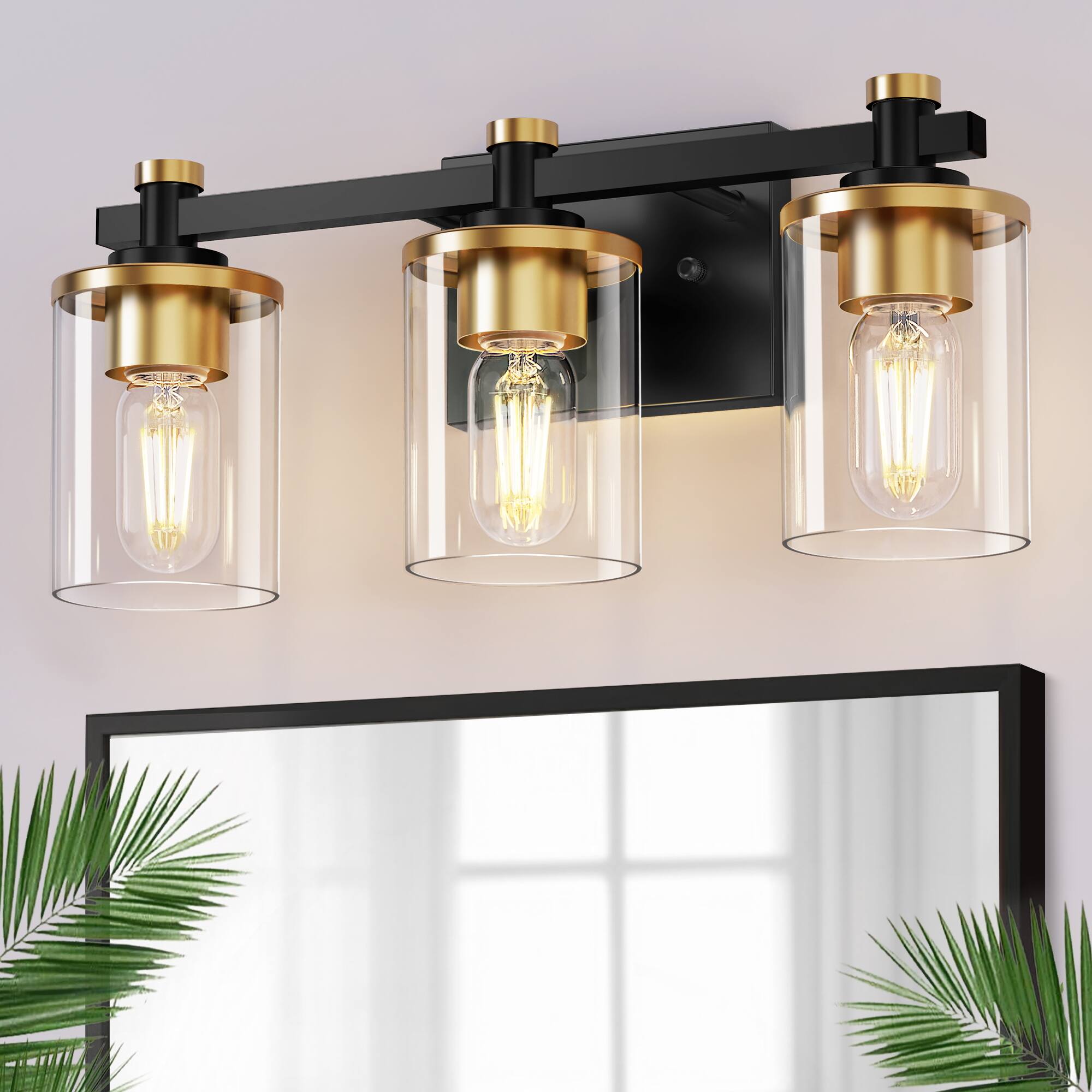 Front. Jandcase - 20 in. 3-Light Black Gold Bathroom Vanity Light with Clear Glass Shades for Mirror and Vanity.