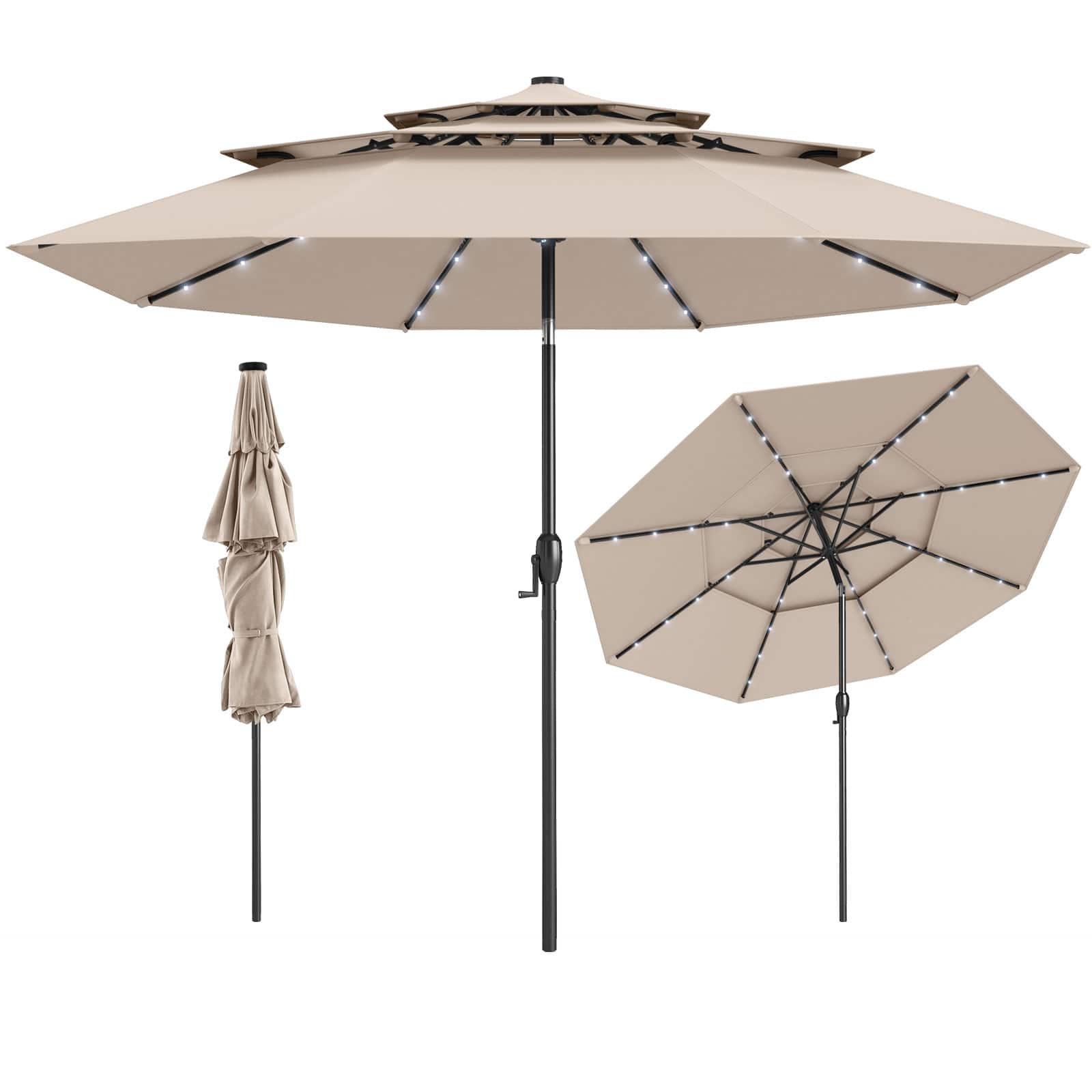 Gymax - 10 FT Solar Patio Umbrella w/ 32 LED Lights 3-Tier Vented Top Tilt Adjustment - Beige price history on PriceWatchPro