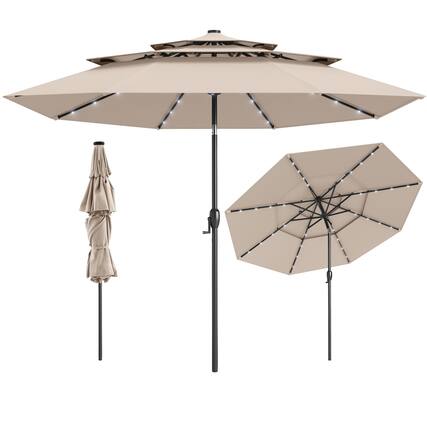 Front. Gymax - Gymax 10 FT Solar Patio Umbrella w/ 32 LED Lights 3-Tier Vented Top Tilt Adjustment Beige - Beige.