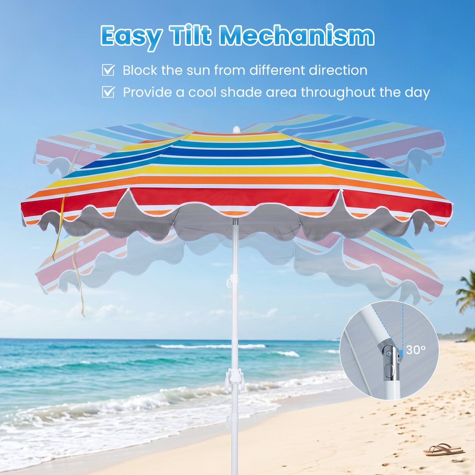 Easy Tilt Mechanism  
Block the sun from different direction  
Provide a cool shade area throughout the day