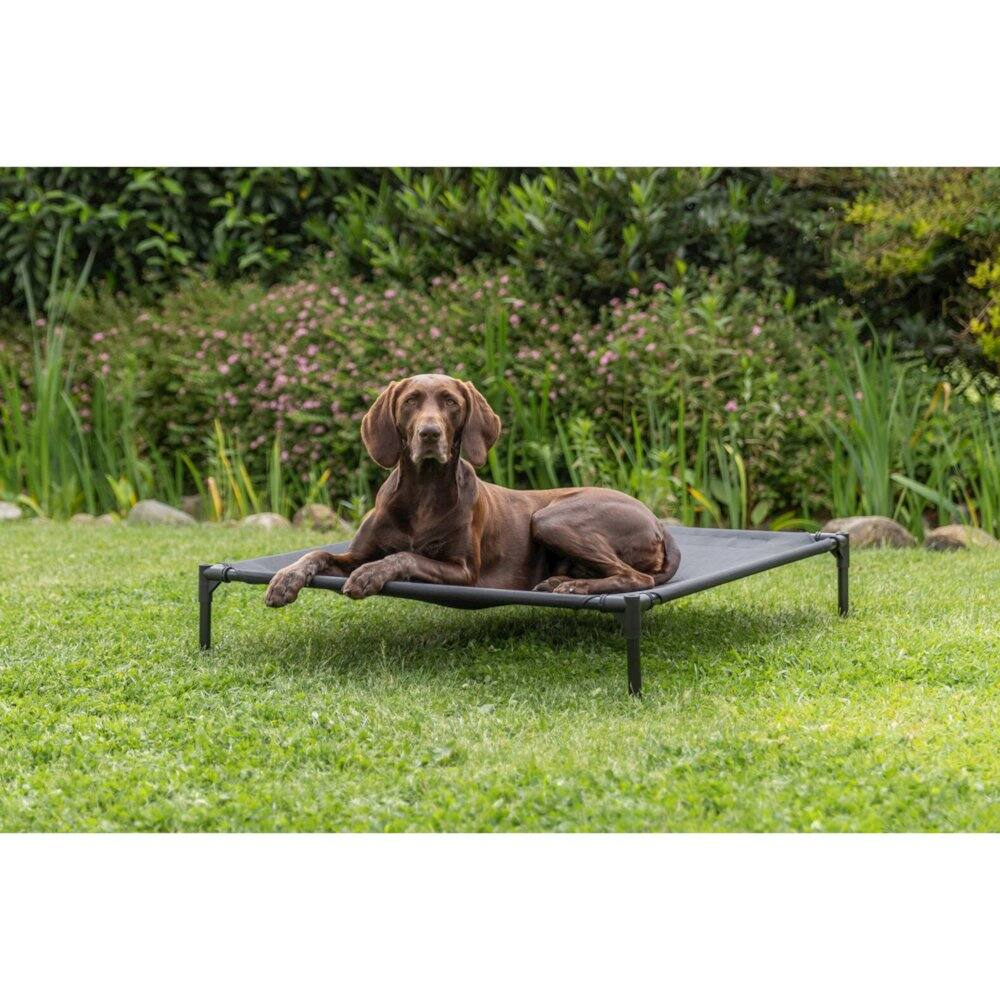 Left. TRIXIE - 2-in-1 Elevated Portable Dog House or Dog Cot & Tent - Gray.