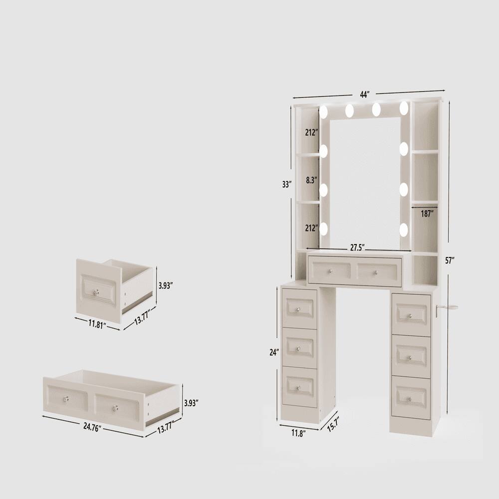 Sure, here is the corrected and grouped text from the image:

- **Dimensions of the Main Unit:**
  - Width: 44"
  - Height: 57"
  - Depth: 24"

- **Shelf Dimensions:**
  - Width: 21.2"
  - Height: 33"
  - Depth: 8.3"
  - Height of the top shelf: 21.2"
  - Height of the middle shelf: 187"
  - Depth of the bottom shelf: 27.5"

- **Drawer Dimensions:**
  - Width: 24.76"
  - Height: 3.93"
  - Depth: 13.77"

- **Additional Dimensions:**
  - Width of the top drawer: 11.81"
  - Depth of the top drawer: 13.77"
  - Height of the bottom drawer: 15.7"
  - Depth of the bottom drawer: 13.77"
