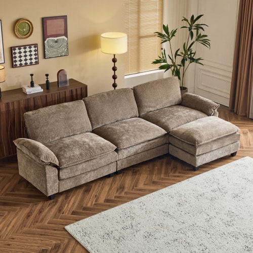 Winado - Sectional Modular Deep Seat Sofa Couch with Ottoma, Chenille Sofa Sleeper Comfy Upholstered Furniture for Living Room - Light brown