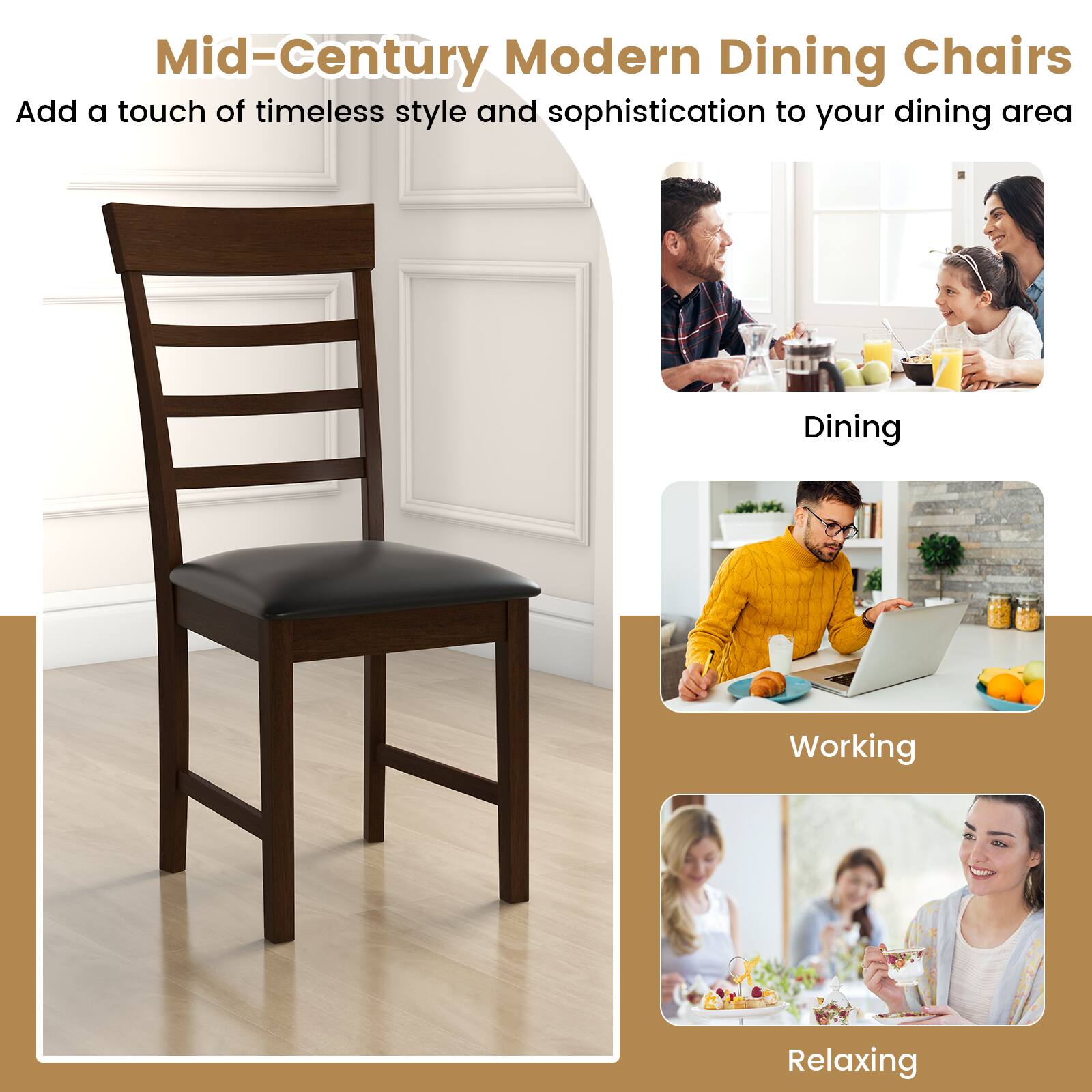 Mid-Century Modern Dining Chairs  
Add a touch of timeless style and sophistication to your dining area  

Dining  
Working  
Relaxing