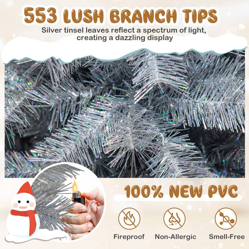 553 LUSH BRANCH TIPS  
Silver tinsel leaves reflect a spectrum of light, creating a dazzling display  

100% NEW PVC  
Fireproof  
Non-Allergic  
Smell-Free