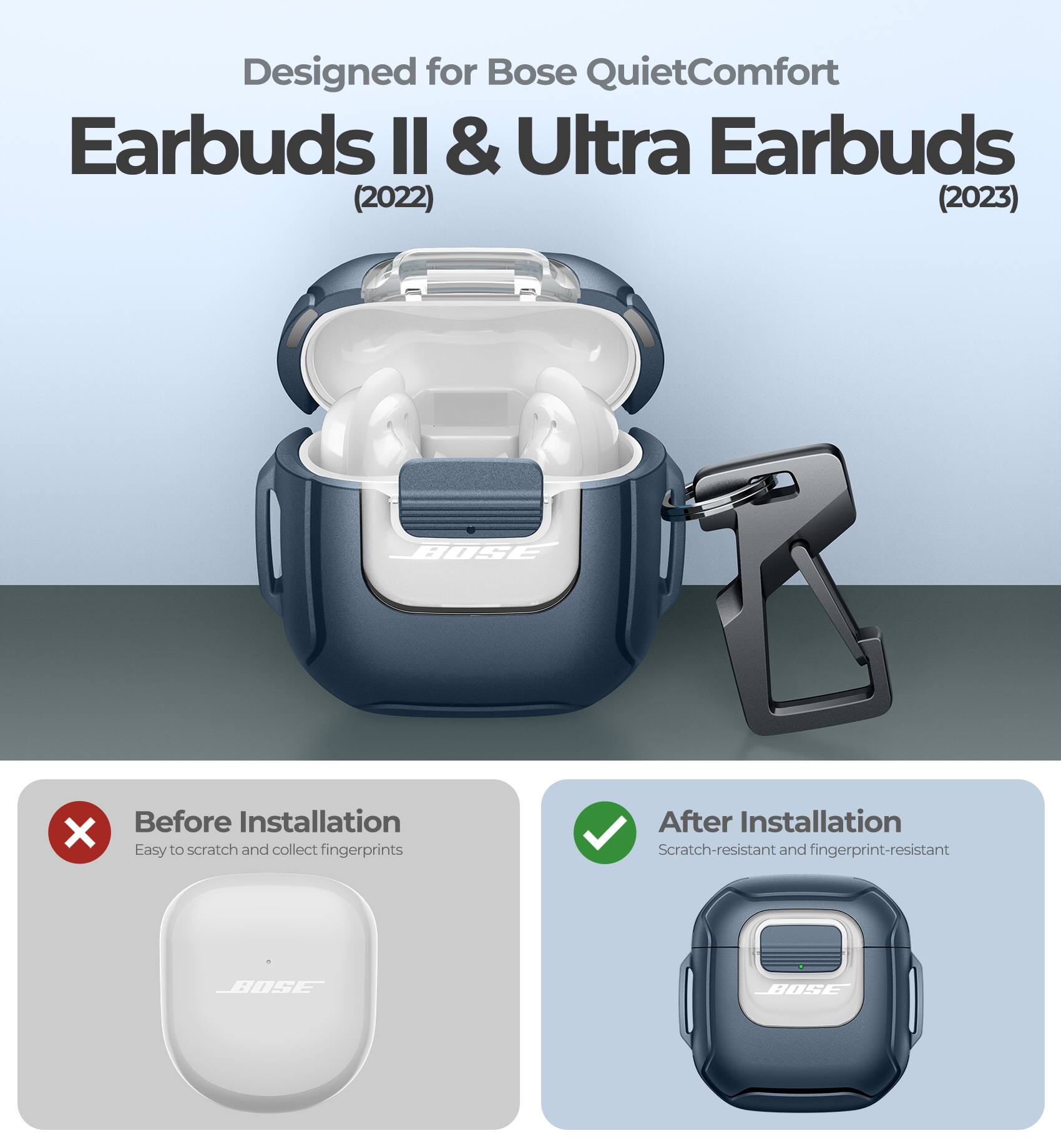 Designed for Bose QuietComfort Earbuds II & Ultra Earbuds (2022) (2023)

Before Installation
Easy to scratch and collect fingerprints

After Installation
Scratch-resistant and fingerprint-resistant