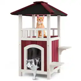 Costway - Outdoor Cat House 2-Story Wooden Cat Shelter with Asphalt Roof Removable Floor
