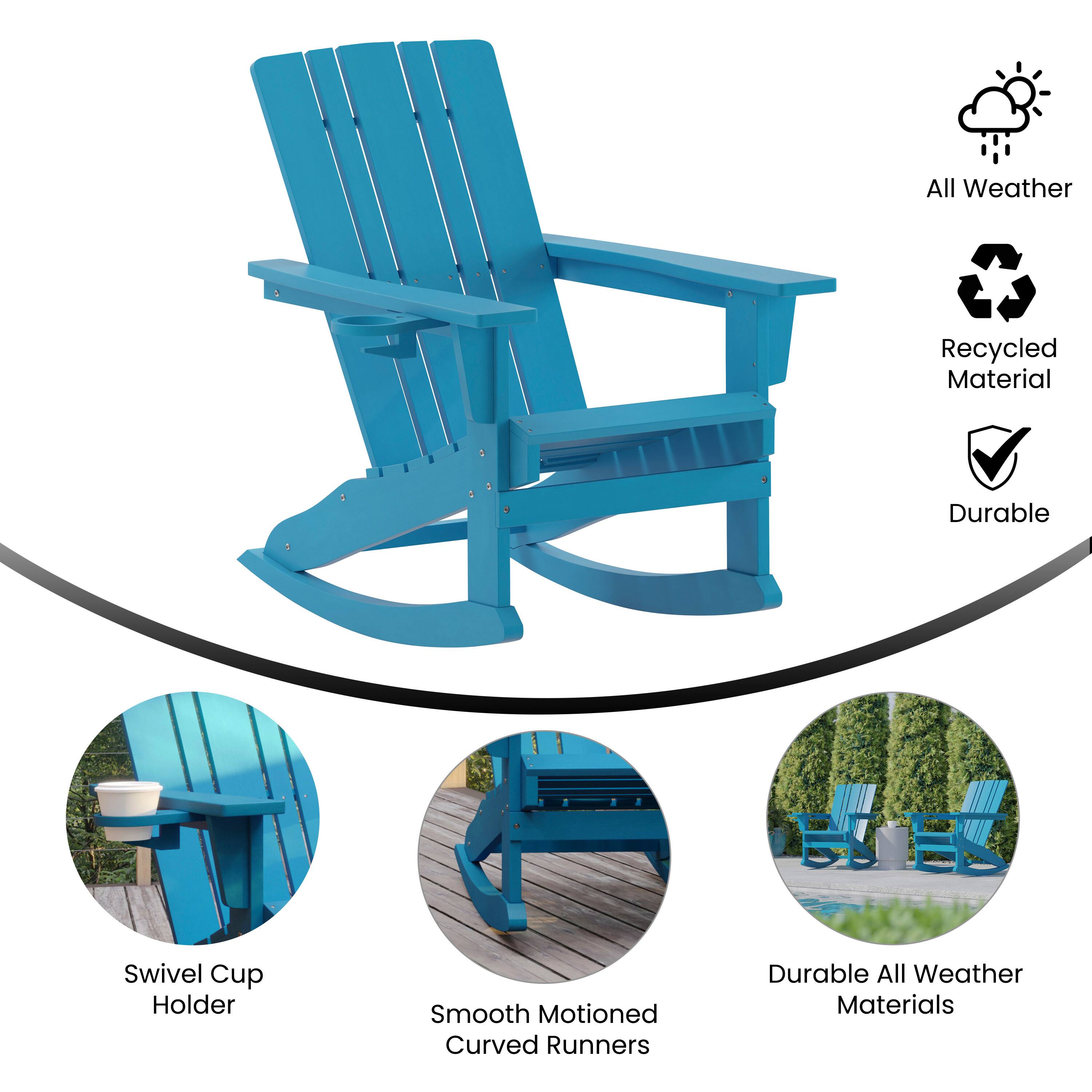 Features of the rocking chairs: cup holder, smooth runners, durable materials.