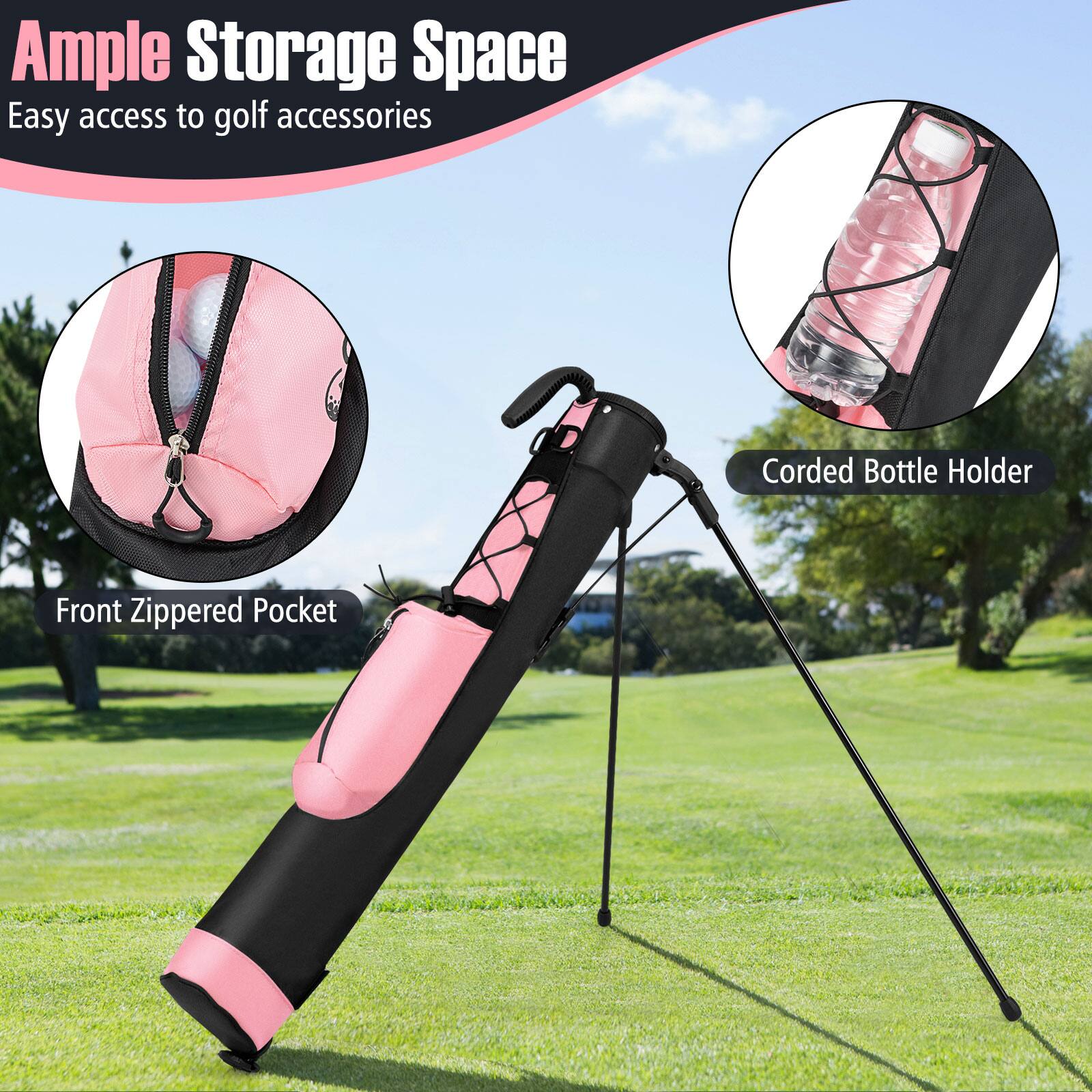 Ample Storage Space  
Easy access to golf accessories  

Front Zippered Pocket  

Corded Bottle Holder