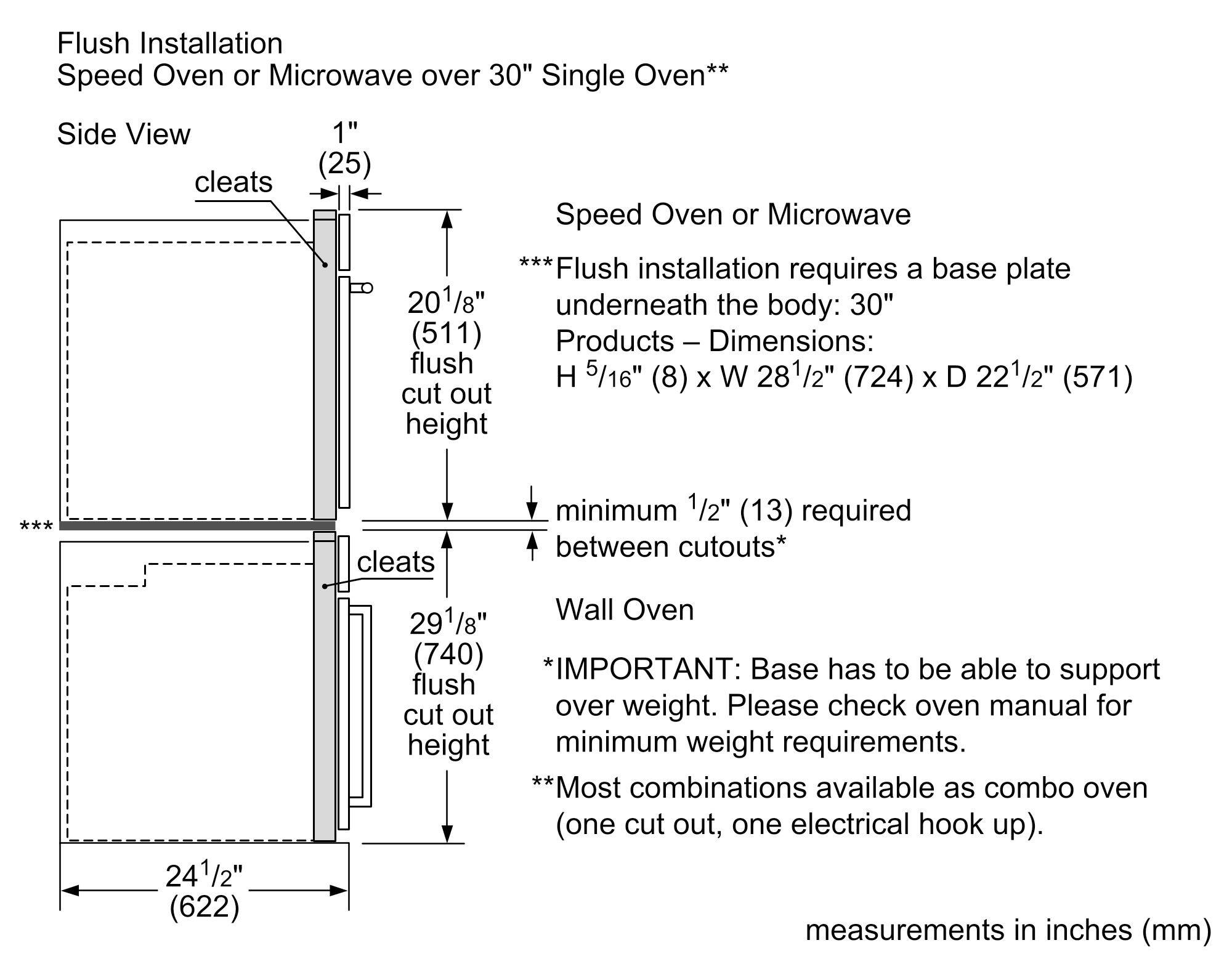 Flush Installation  
Speed Oven or Microwave over 30" Single Oven*  
Side View  

1" (25)  
cleats  

20 1/8" (511)  
flush cut out height  

29 1/8" (740)  
Wall Oven flush cut out height  

24 1/2" (622)  

Speed Oven or Microwave  
***Flush installation requires a base plate underneath the body:  
Products – Dimensions: 30" H 5/16" (8) x W 28 1/2" (724) x D 22 1/2" (571)  

minimum 1/2" (13) required between cutouts*  

*IMPORTANT: Base has to be able to support over weight. Please check oven manual for minimum weight requirements.  

**Most combinations available as combo oven (one cut out, one electrical hook up).  

measurements in inches (mm)