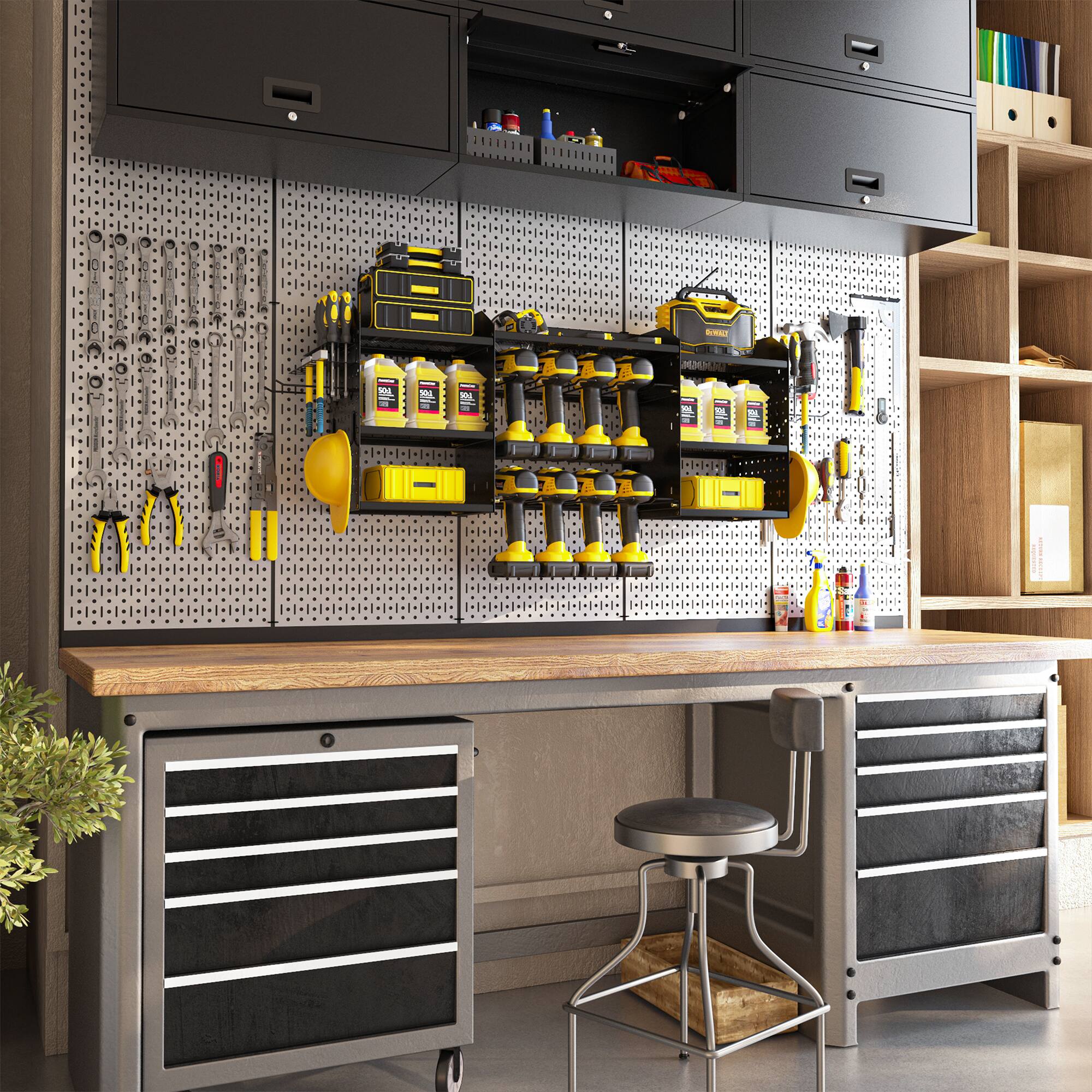 Angle. TinyHomie - 45 in. Wall-Mounted Power Tool Organizer with Charging Station Drill Rack with Hooks and 8-Outlet Holder in Black.