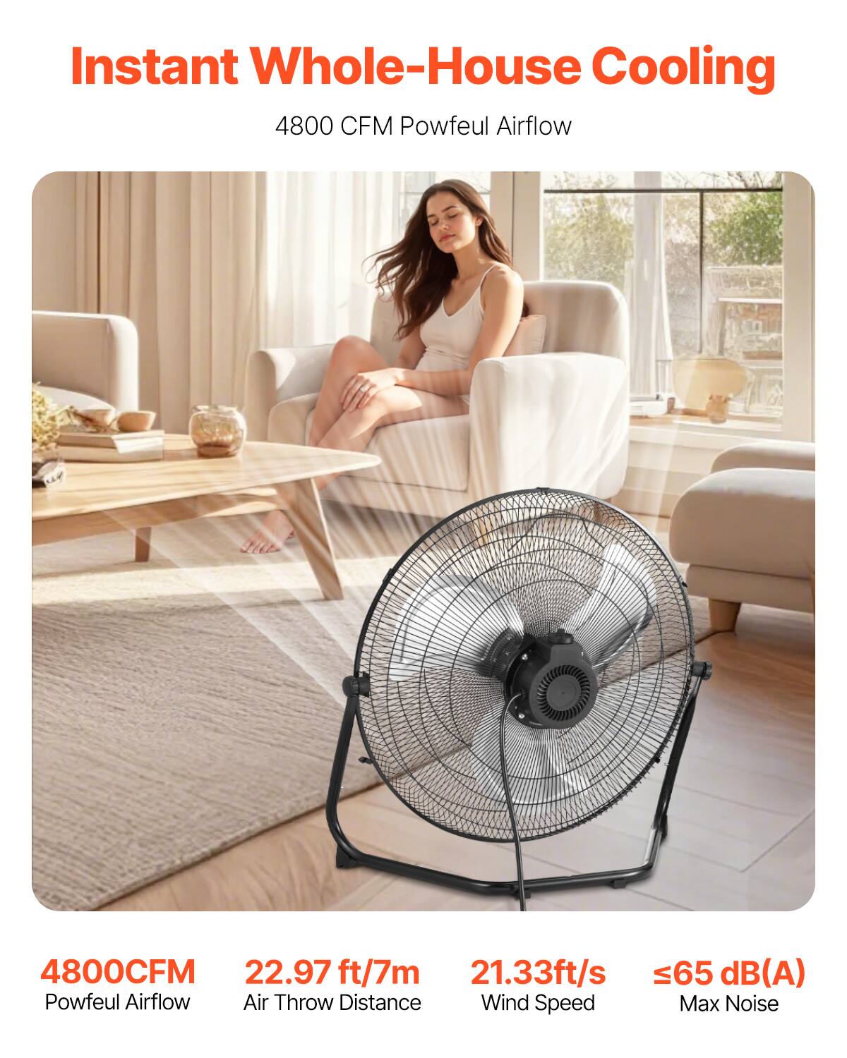Instant Whole-House Cooling  
4800 CFM Powfeul Airflow  

4800 CFM  
Powfeul Airflow  

22.97 ft/7m  
Air Throw Distance  

21.33 ft/s  
Wind Speed  

≤65 dB(A)  
Max Noise