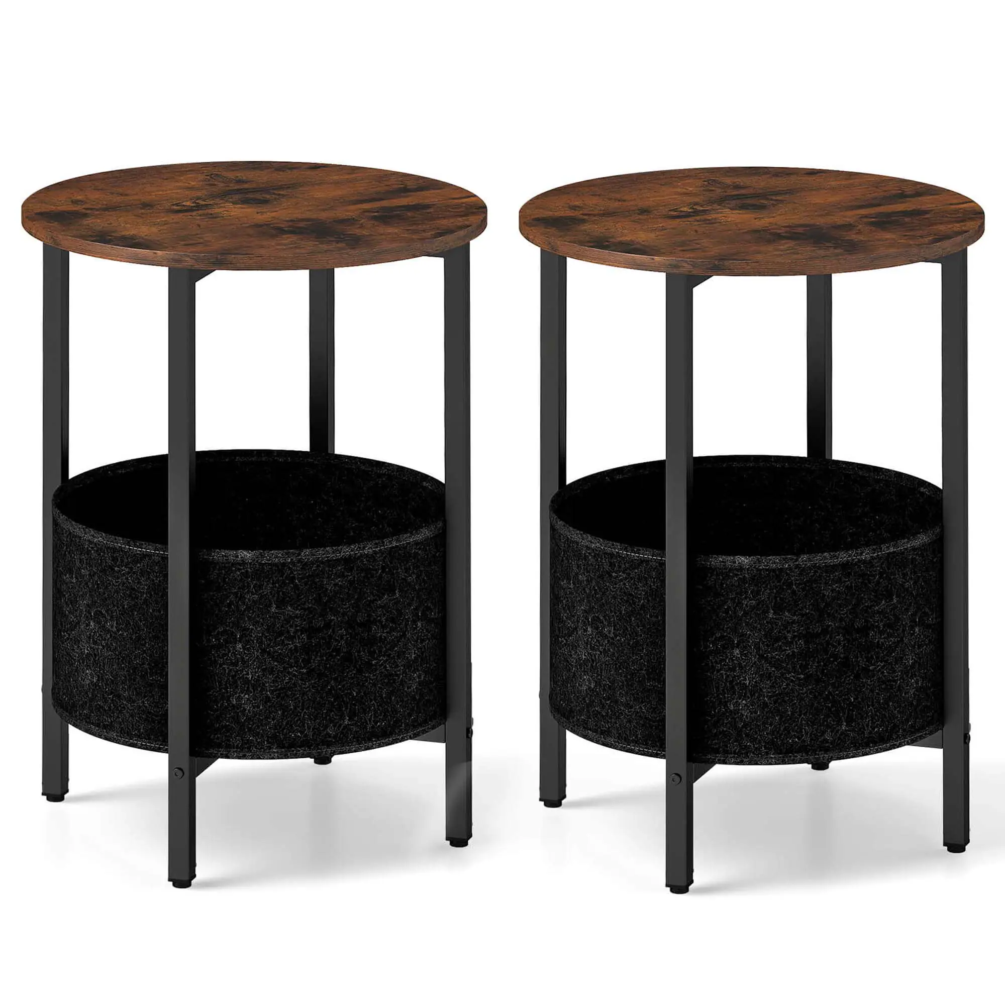 Alt View 1. Costway - 2 PCS Round End Table with Felt Storage Basket Sturdy Metal Frame for Bedroom - Rustic Brown/Black.