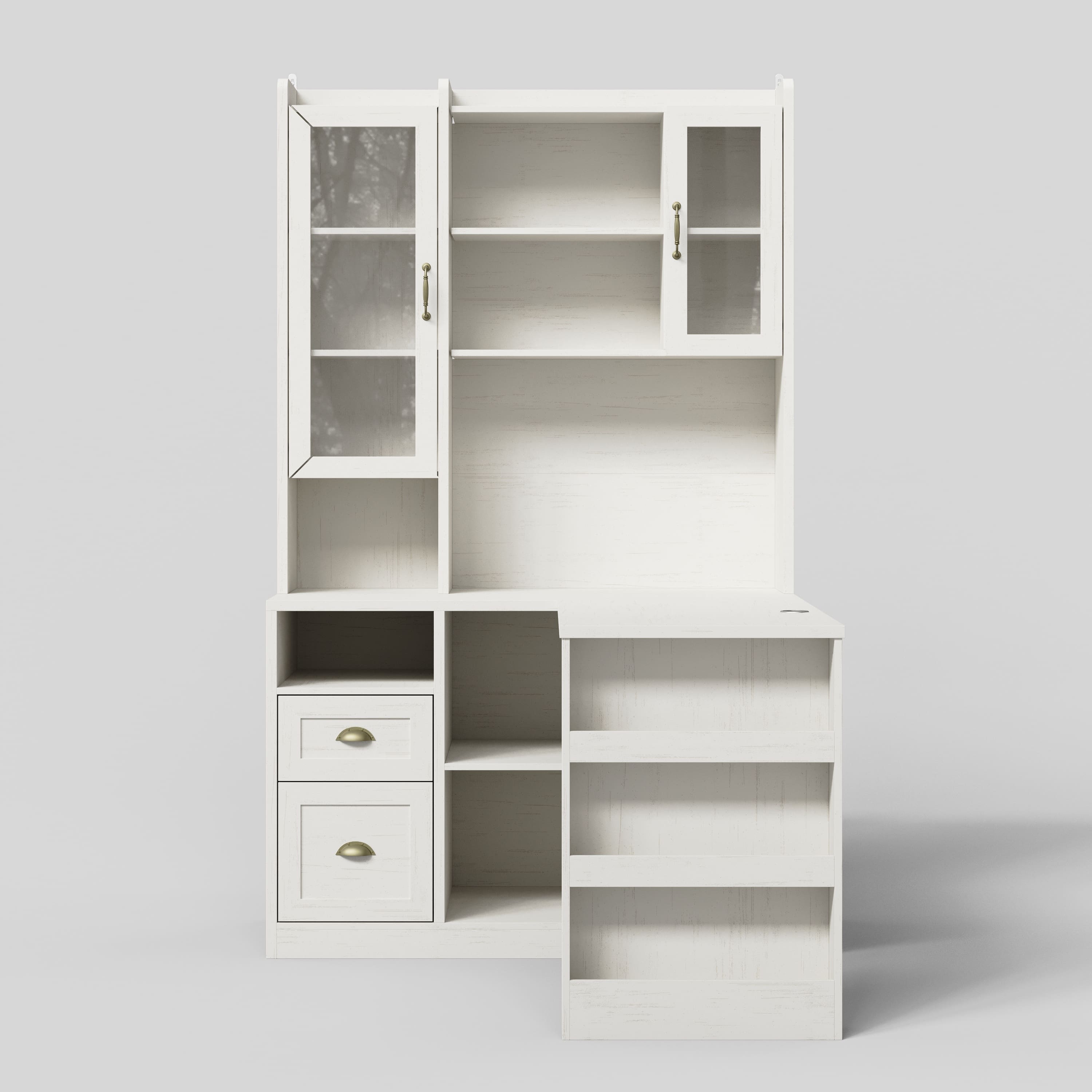 Famapy - Study Desk with Tall Storage Cabinet – Vintage Student Writing Table with Drawers & Bookshelf for Bedroom, Dorm - White