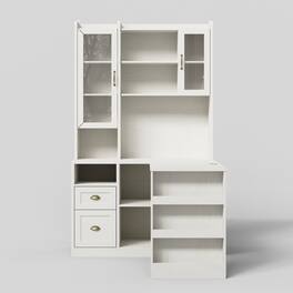 Famapy - Study Desk with Tall Storage Cabinet – Vintage Student Writing Table with Drawers & Bookshelf for Bedroom, Dorm - White