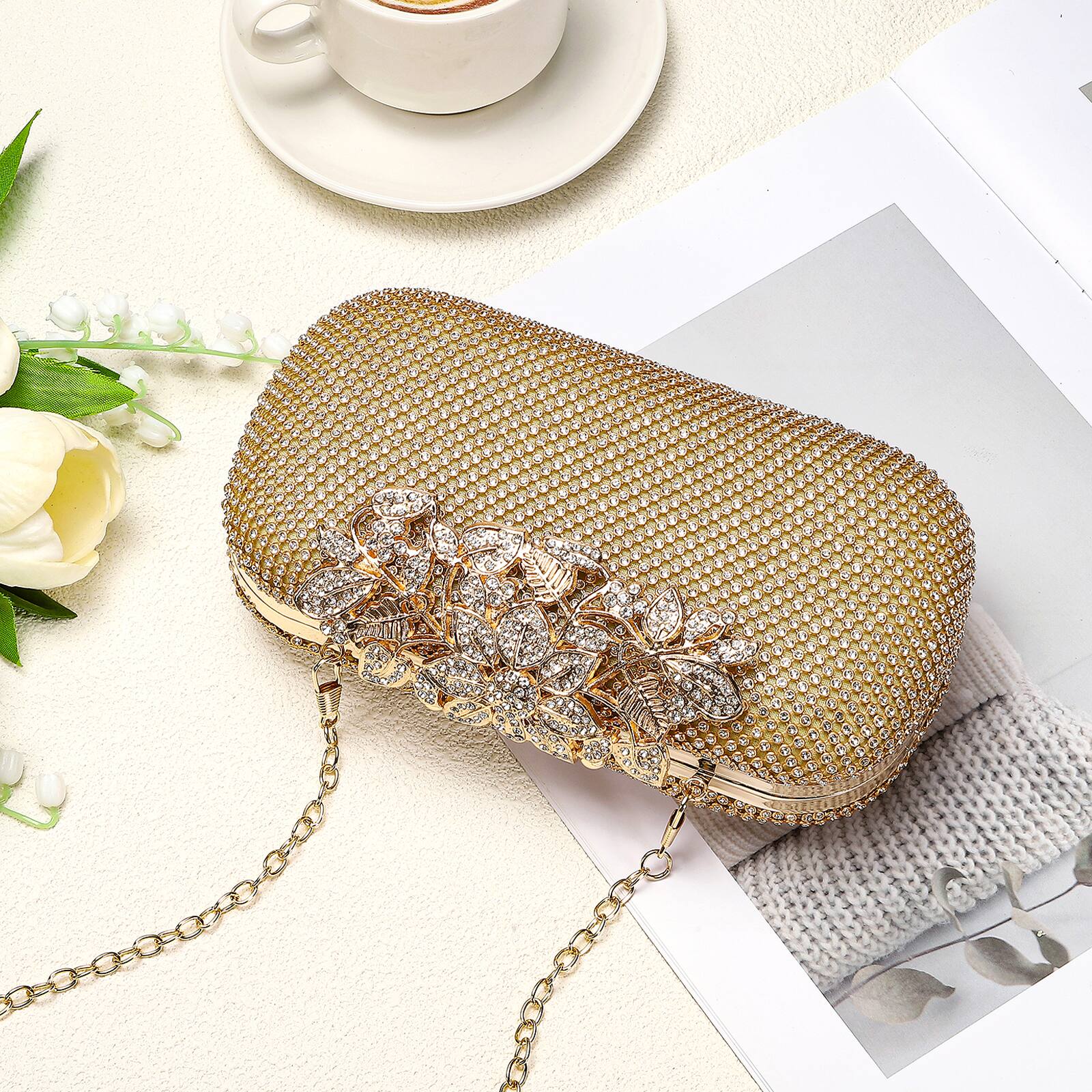 Alt View 5. Unique Bargains - Evening Clutch Purse Sparkly Rhinestone Square Bag for Women, Vintage Crystal Clasp Handbag for 1920s Party - Gold.