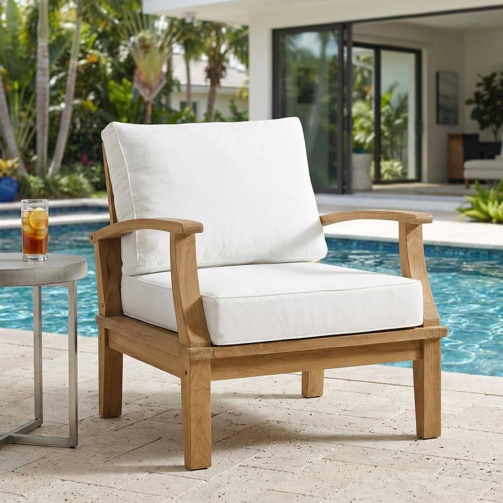 Left. Outdoor Escape - Teak Outdoor Patio Armchair With Cushions And Ergonomic Support - White.