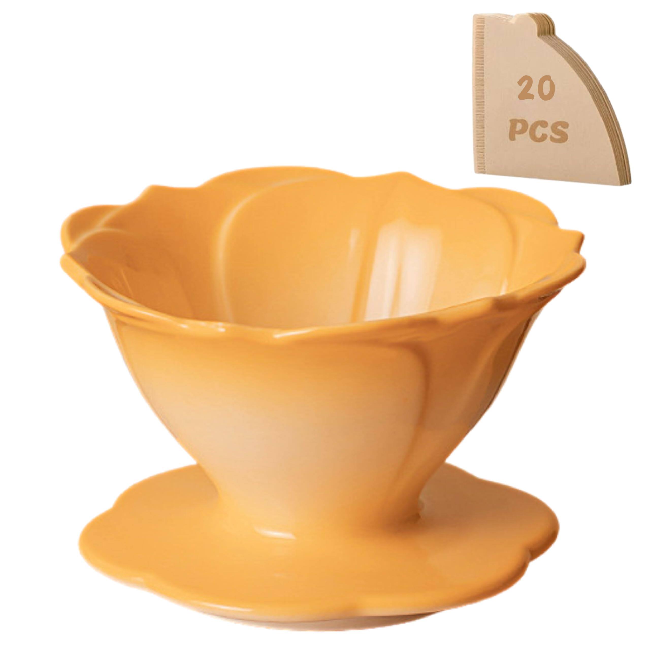 Front. Fabibe - Flower Shape - Ceramic Pour Over Coffee Maker Slow Brewing Accessories For Home & Travel (with 20 Filters V60-01 Insi... - Lemon.