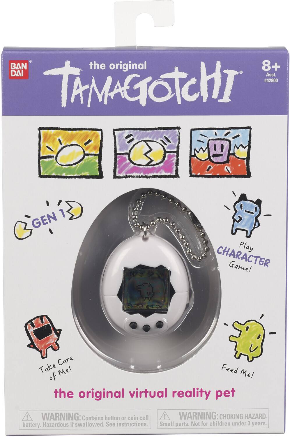 BAN DAI the original TAMAGOTCHI 8+ Asst. #42800 Play CHARACTER Game! Take Care of Me! Feed Me! the original virtual reality pet ! WARNING: Contains button or coin cell battery. Hazardous if swallowed. See instructions. WARNING: CHOKING HAZARD- Small parts. Not for children under 3 years.