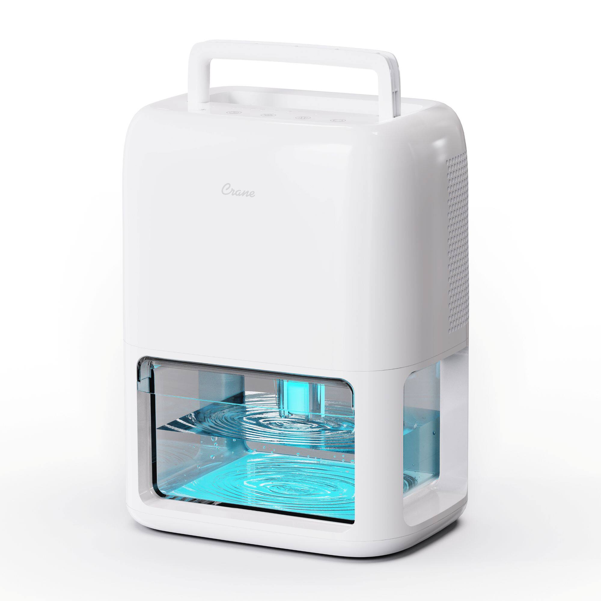 Left. CRANE - Dehumidifier with 3.8 Pint Tank, With Auto Shut-Off and Optional Ambient Light - White.