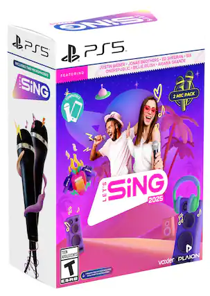 Let's Sing 2025 is a music game for the PlayStation 5 console. It features a variety of popular songs, including those by Justin Bieber, Billie Eilish, OneRepublic, and Ariana Grande. The game comes with a microphone, and it is compatible with the PS5's DualShock controller. The game is rated ESRB T, indicating that it is suitable for teenagers and above. The box also includes a PS5 Pass, which allows for free extra songs and access to the game's online features. - T (Teen 13+)