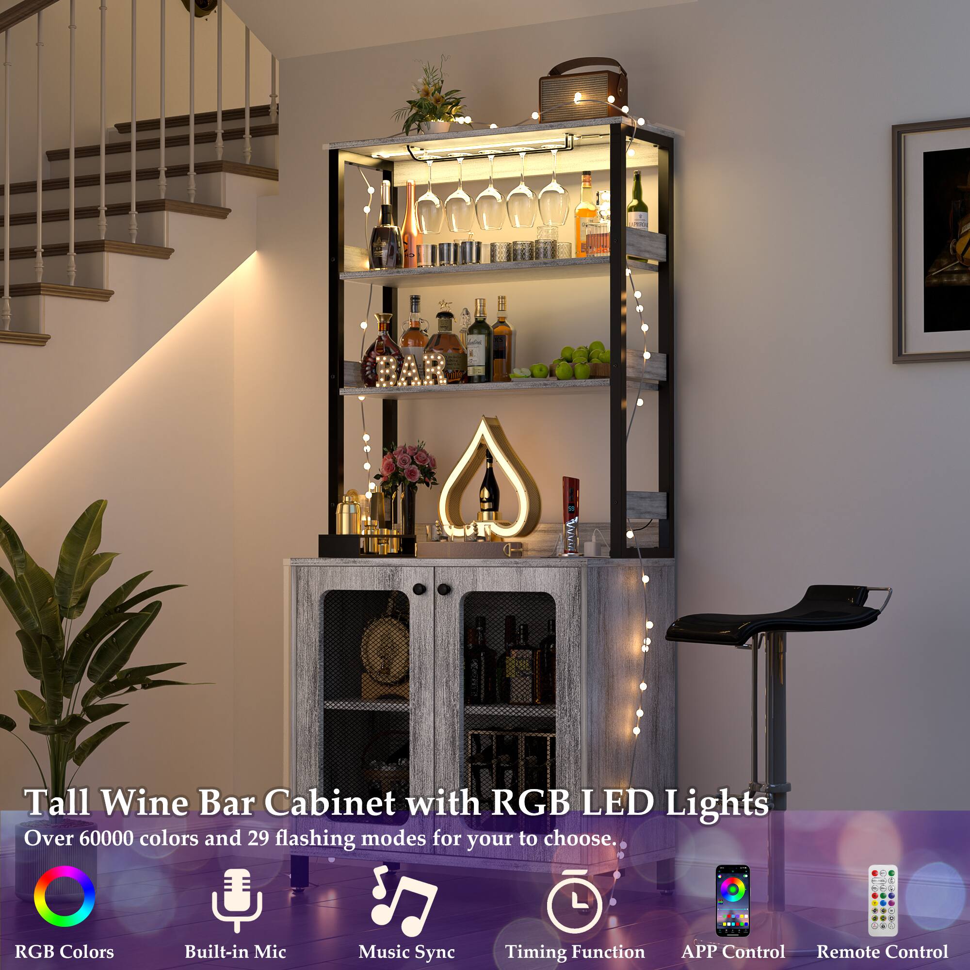 Tall Wine Bar Cabinet with RGB LED Lights  
Over 60000 colors and 29 flashing modes for you to choose.  
RGB Colors  
Built-in Mic  
Music Sync  
Timing Function  
APP Control  
Remote Control
